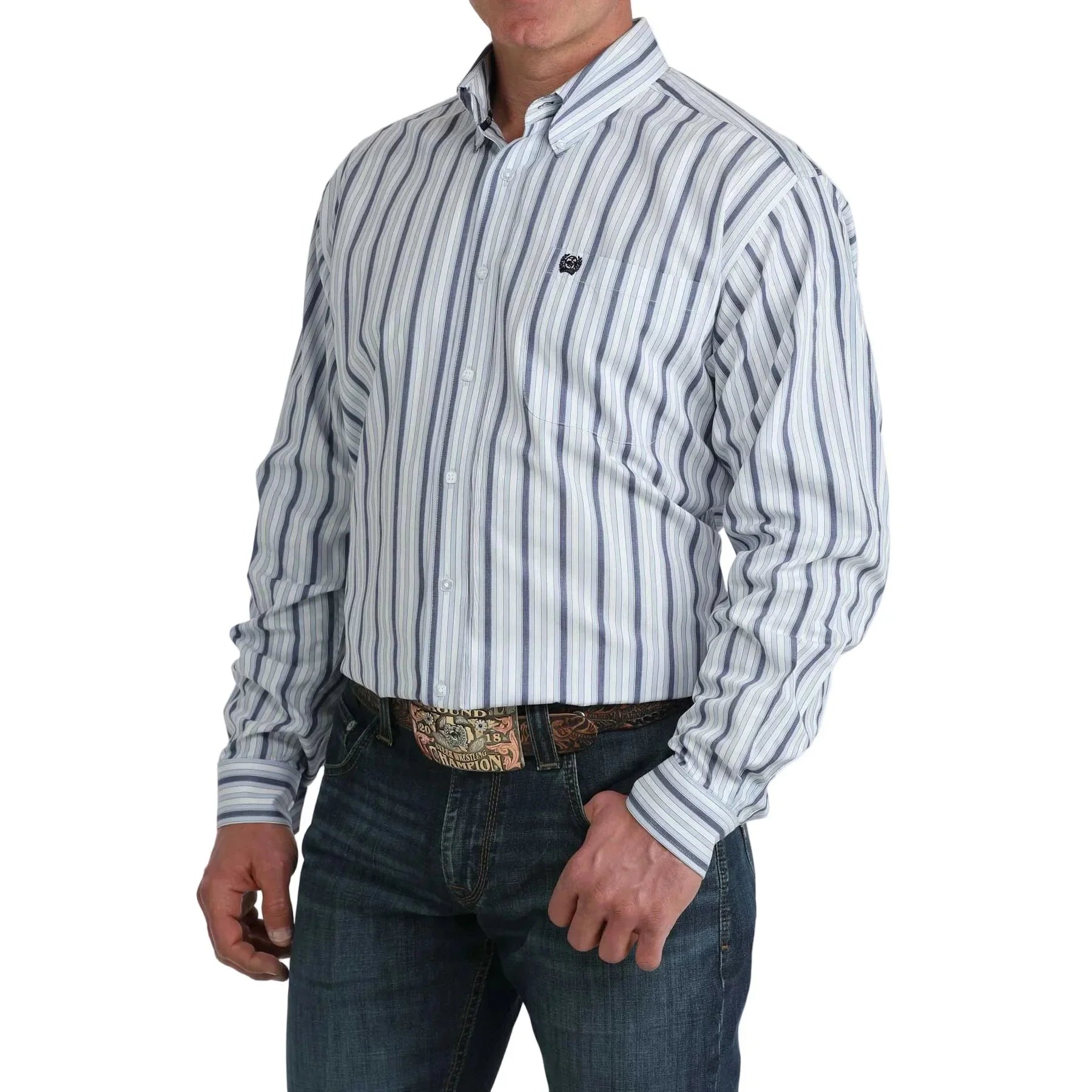 Men's Cinch White and Blue Striped Classic Fit Button Down Shirt MTW1106077