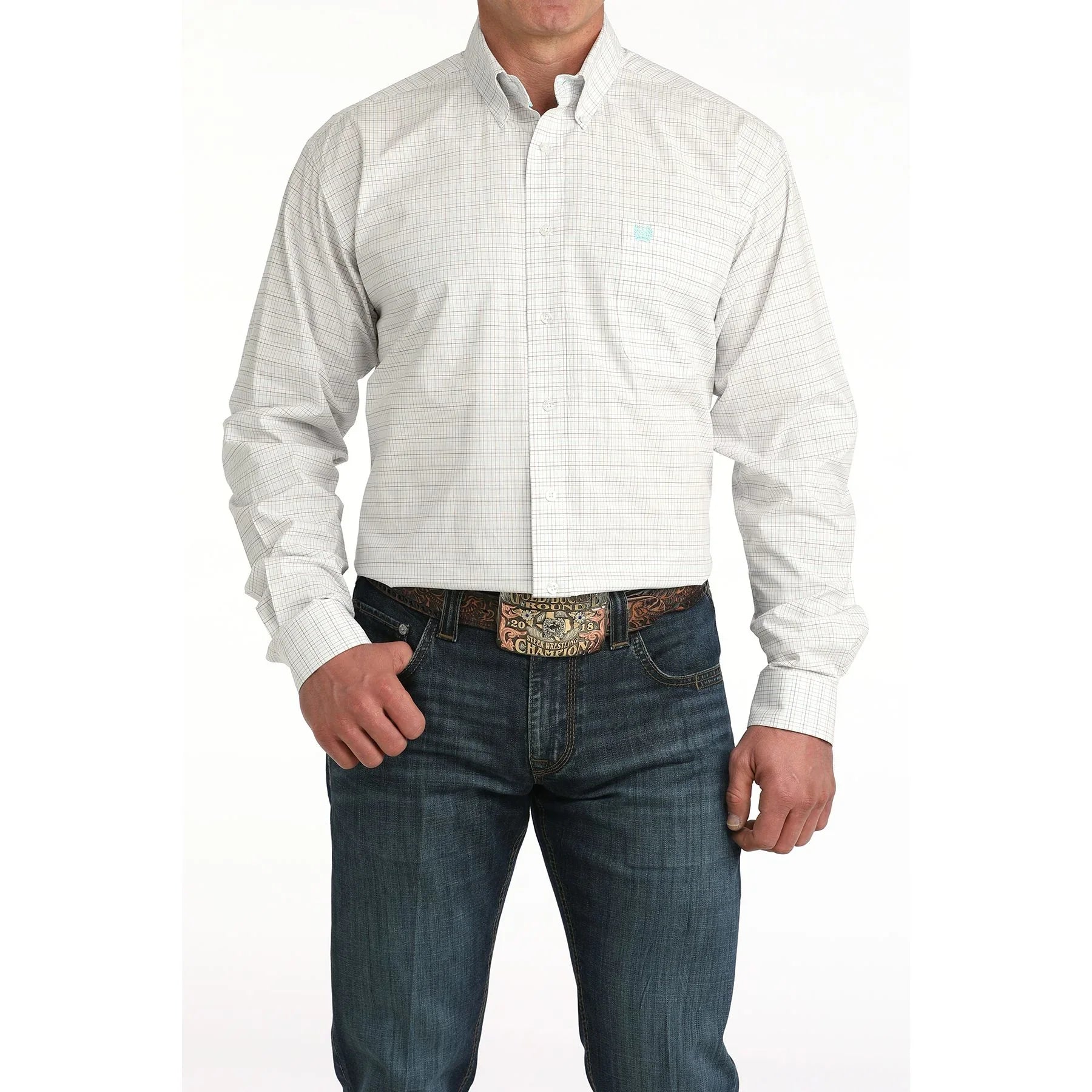 Men's Cinch White Plaid Long Sleeve Button Down Shirt MTW1106056