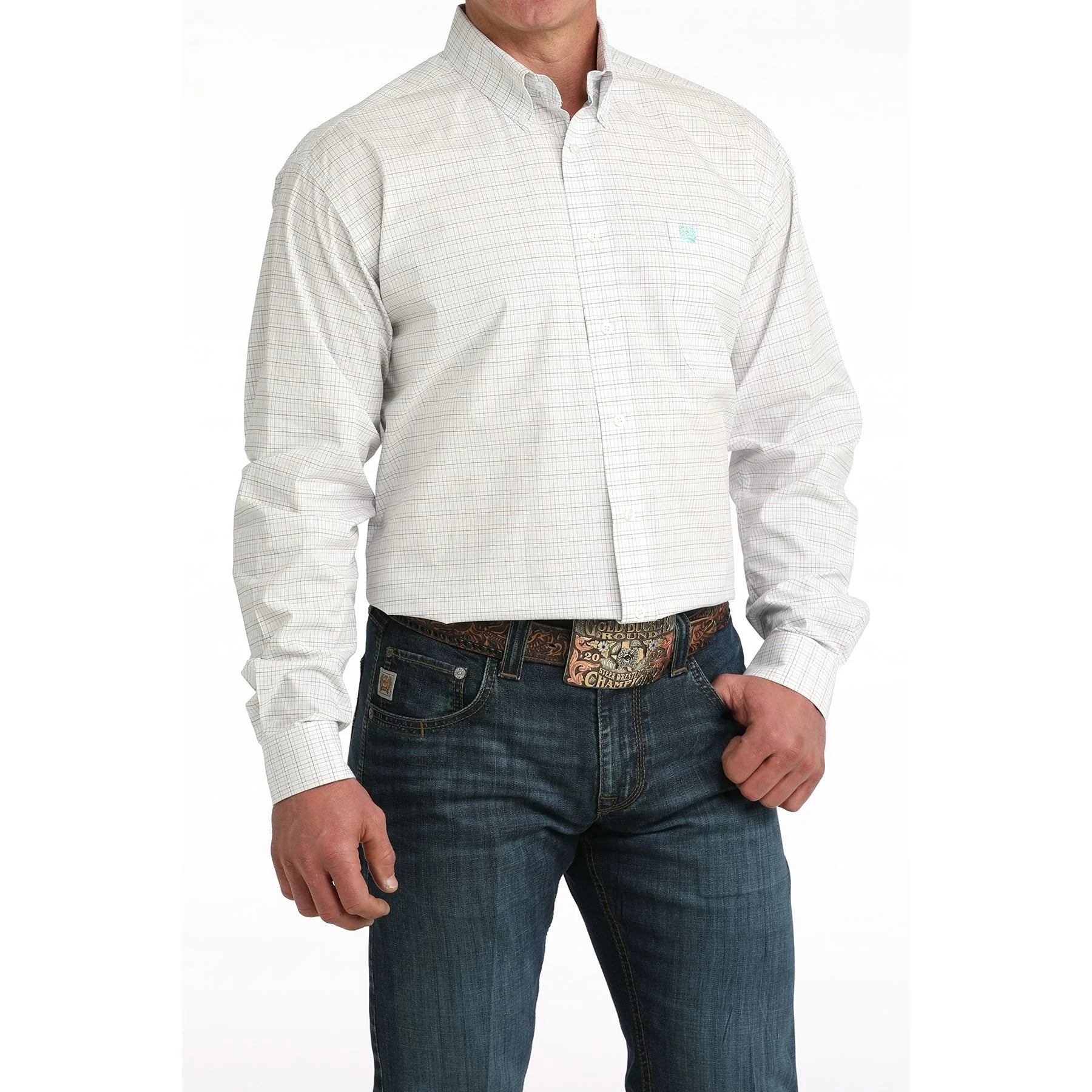 Men's Cinch White Plaid Long Sleeve Button Down Shirt MTW1106056