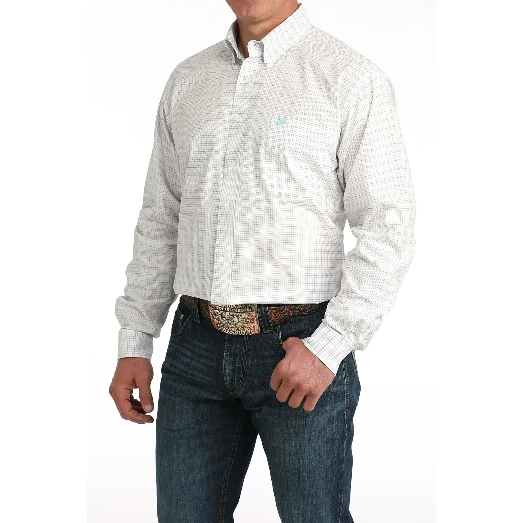 Men's Cinch White Plaid Long Sleeve Button Down Shirt MTW1106056