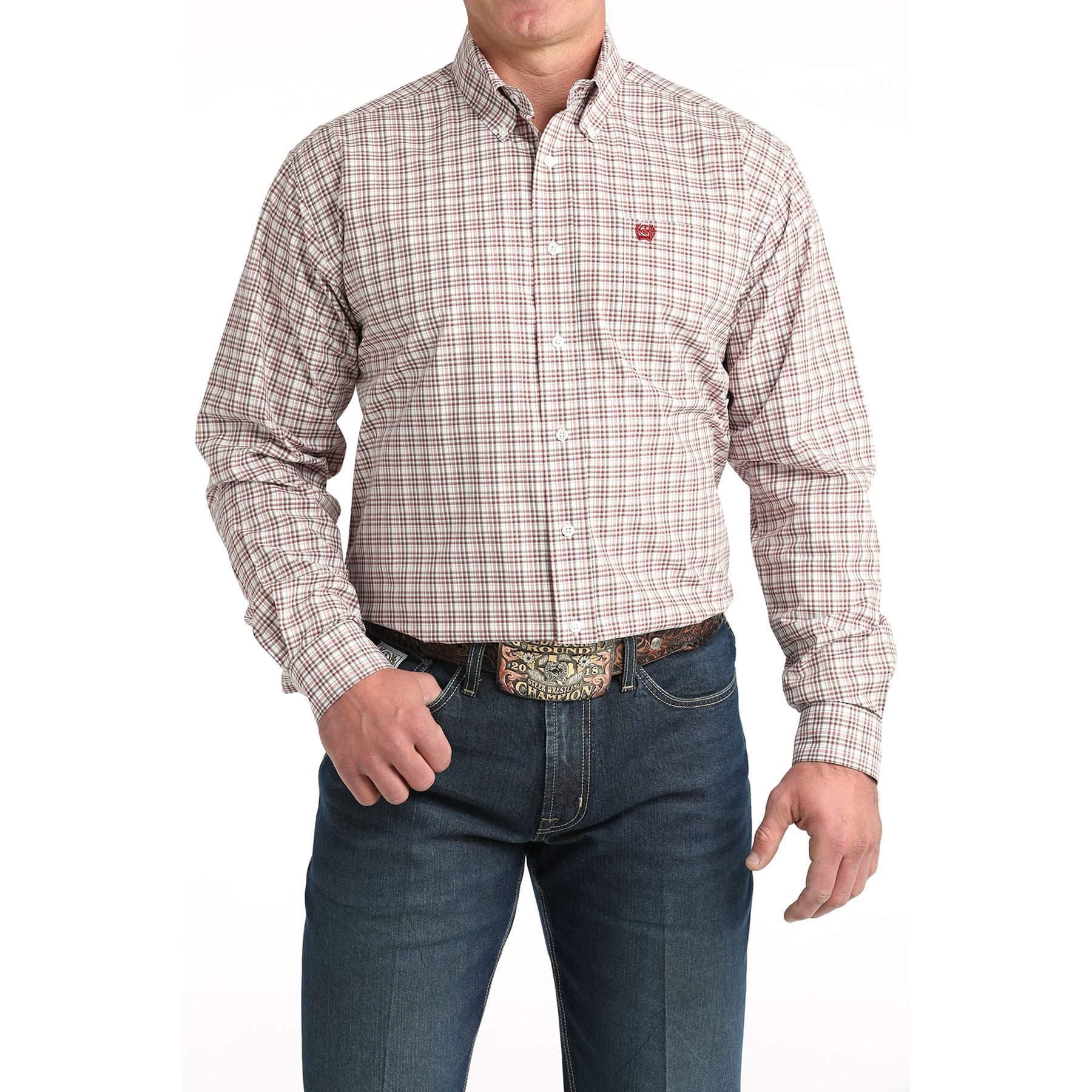 Men's Cinch White/Red Small Plaid Classic Fit Button-Down Western Shirt MTW1106015