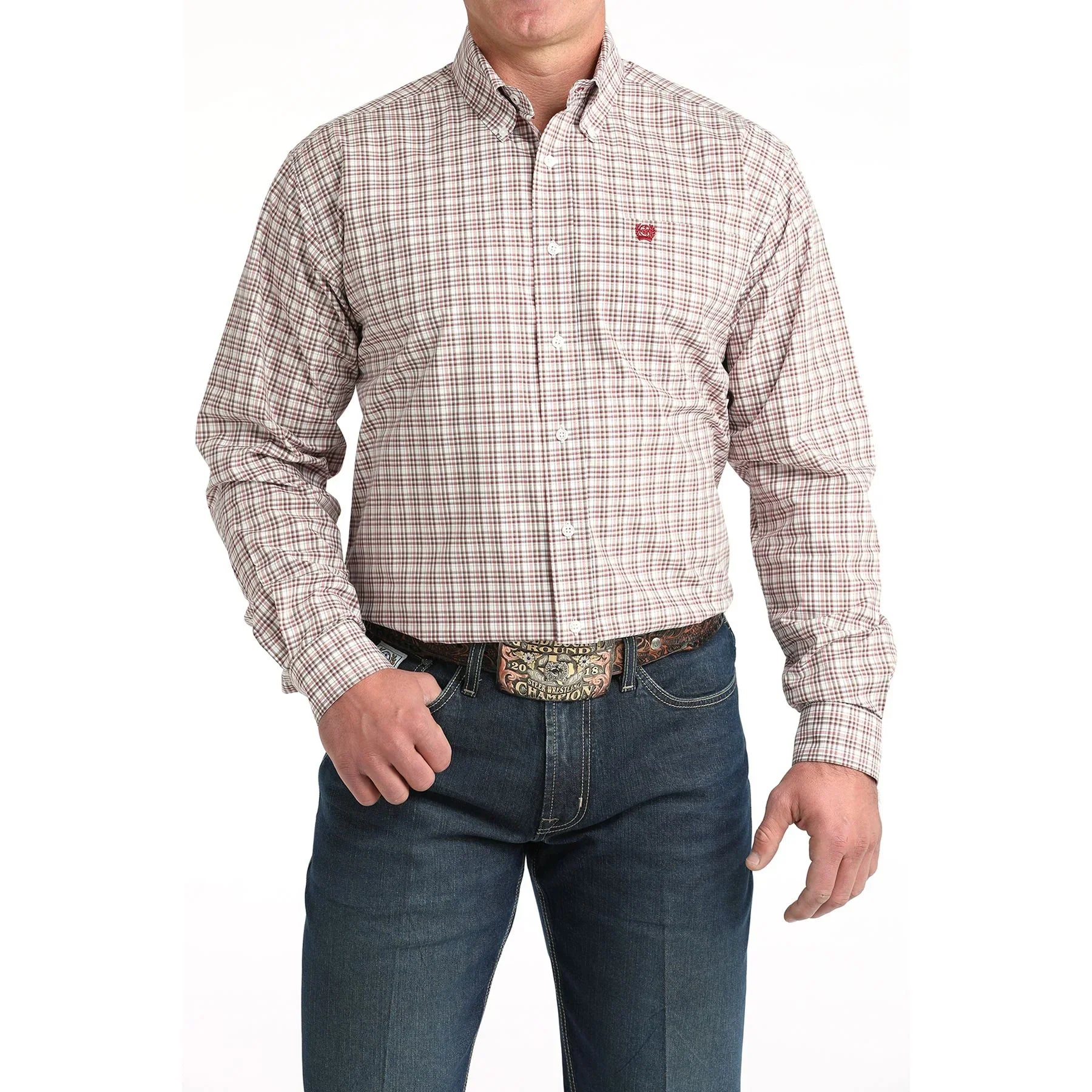 Men's Cinch White/Red Small Plaid Classic Fit Button-Down Western Shirt MTW1106015