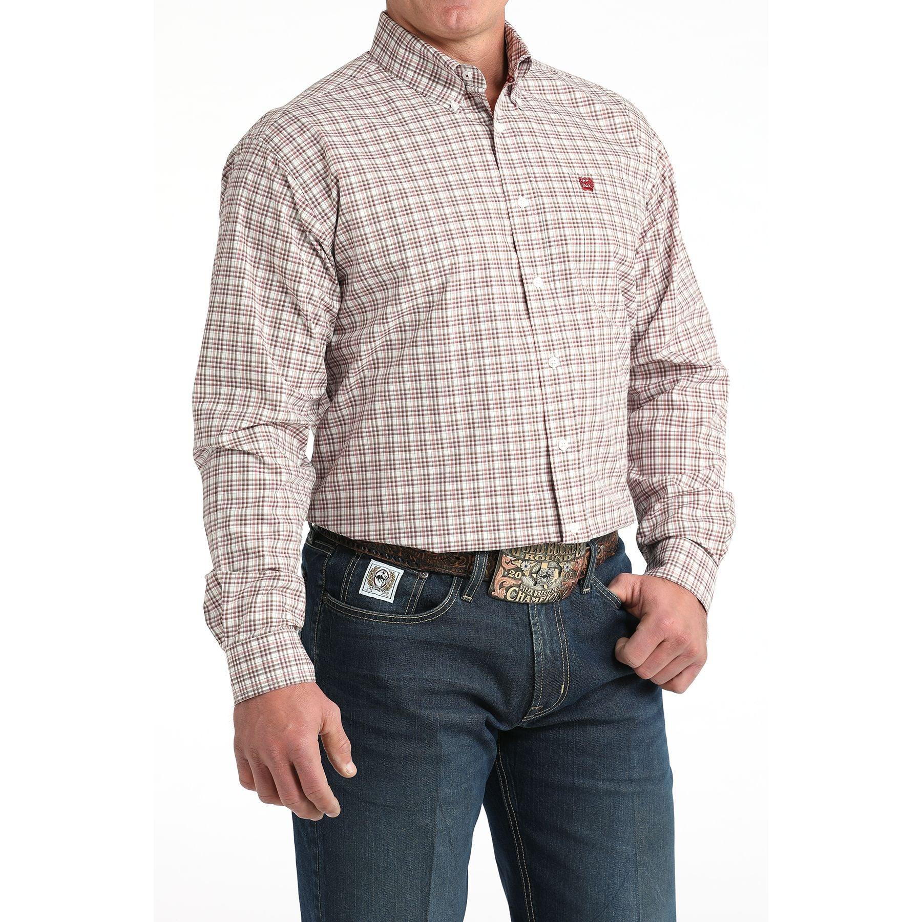 Men's Cinch White/Red Small Plaid Classic Fit Button-Down Western Shirt MTW1106015