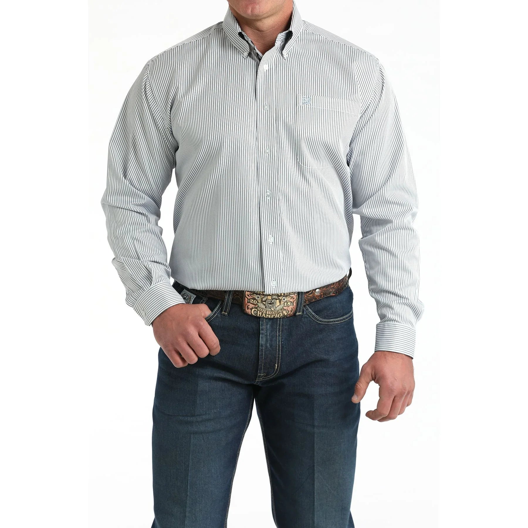 Men's Cinch White Stripe Long Sleeve Button Shirt MTW1106003