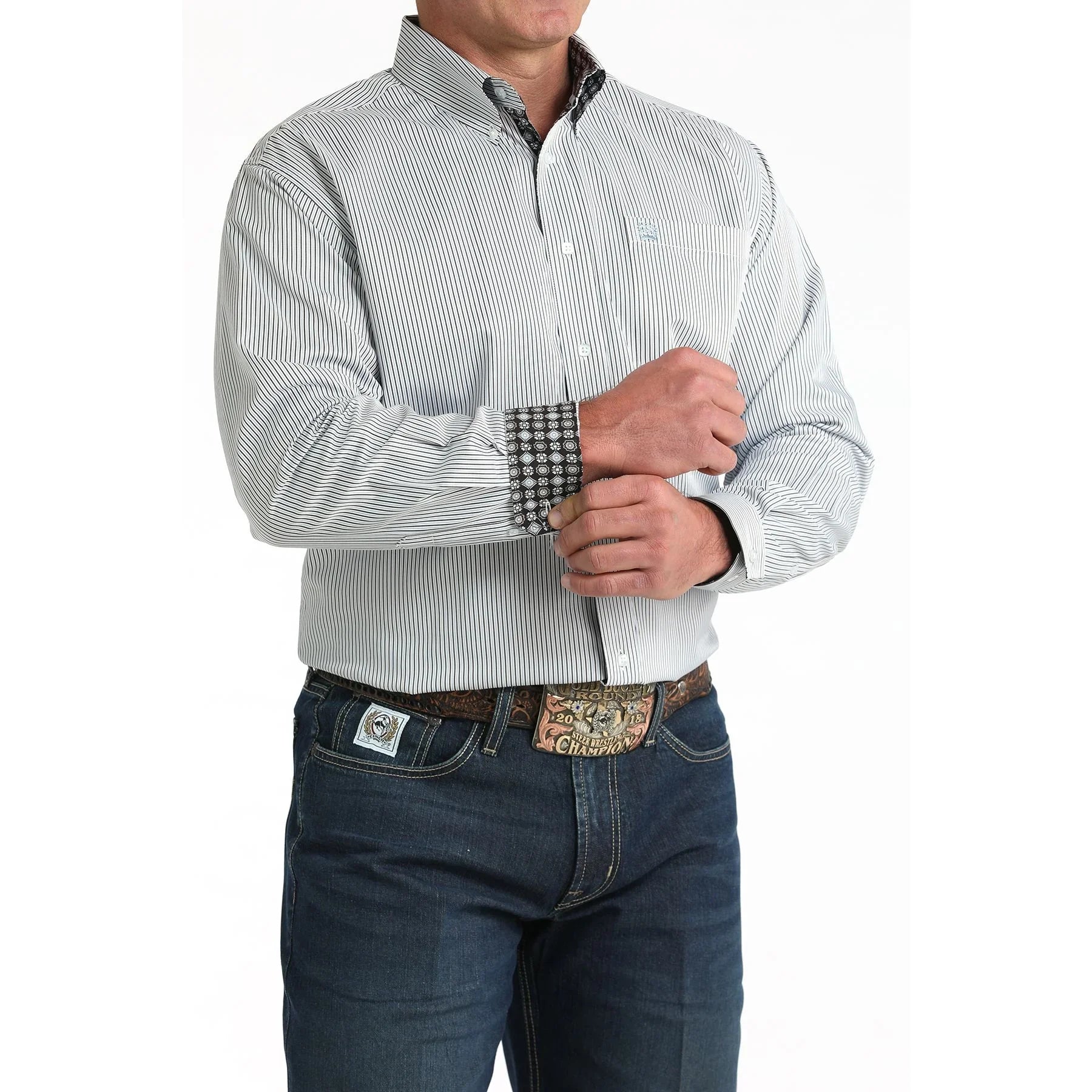 Men's Cinch White Stripe Long Sleeve Button Shirt MTW1106003