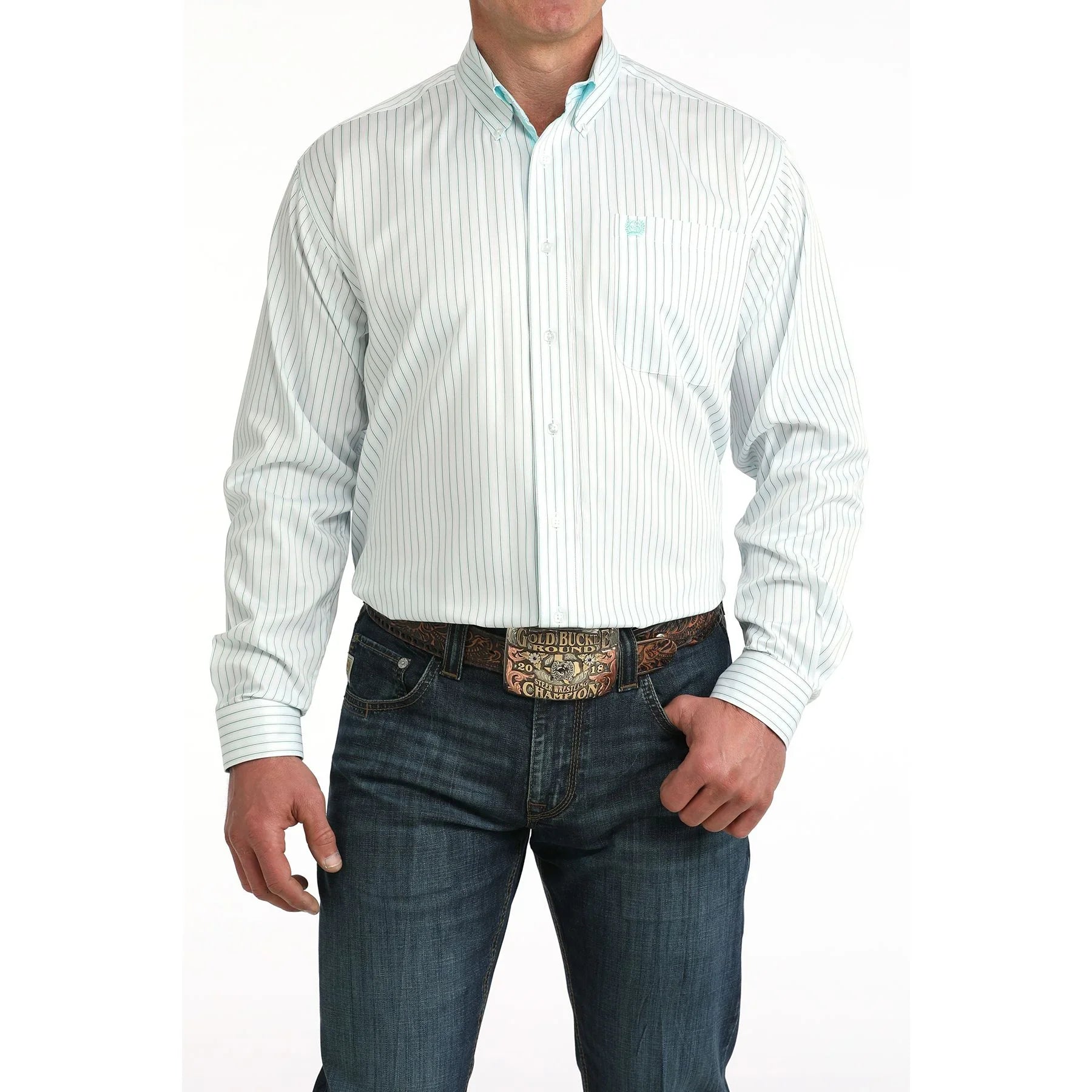 Men's Cinch White Striped Long Sleeve Button Down Shirt MTW1106061