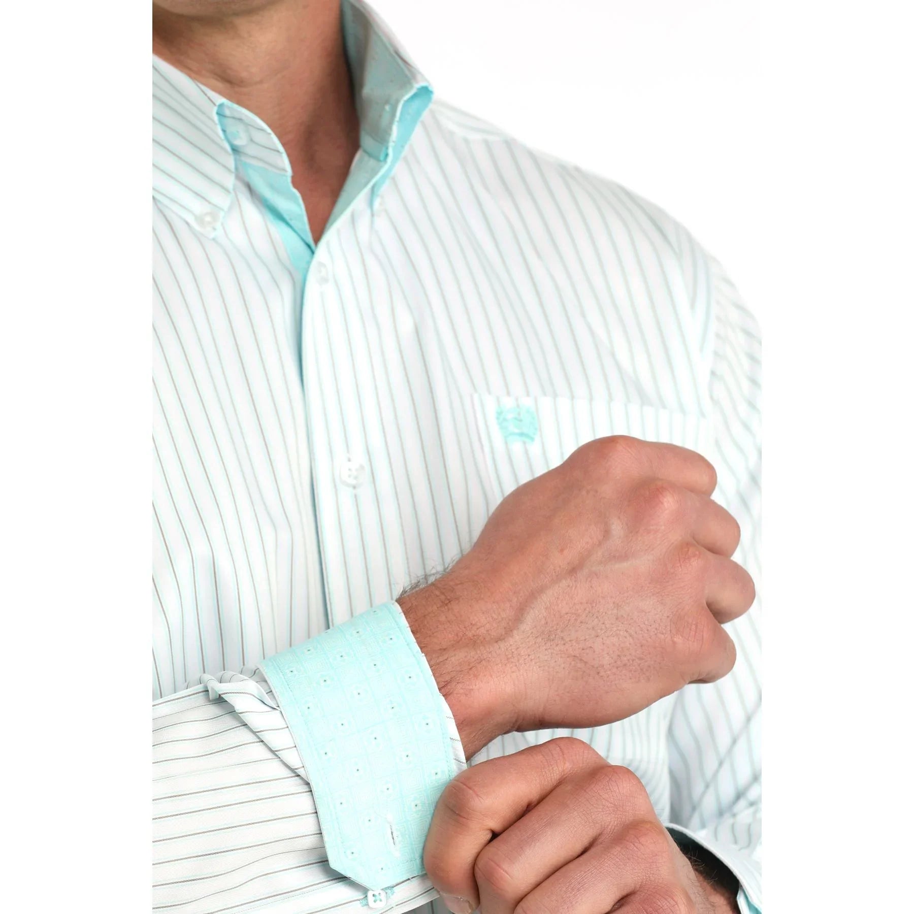 Men's Cinch White Striped Long Sleeve Button Down Shirt MTW1106061