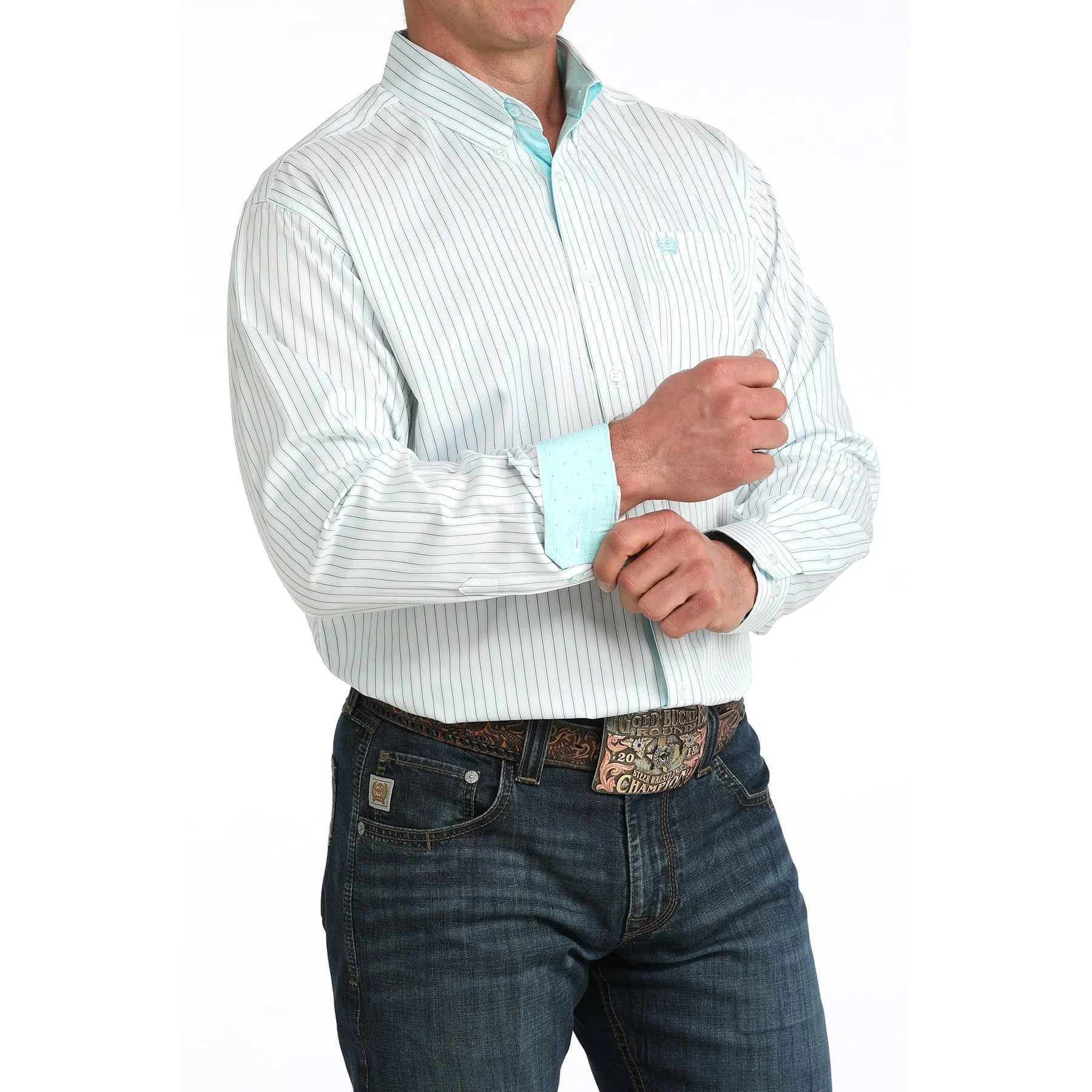 Men's Cinch White Striped Long Sleeve Button Down Shirt MTW1106061