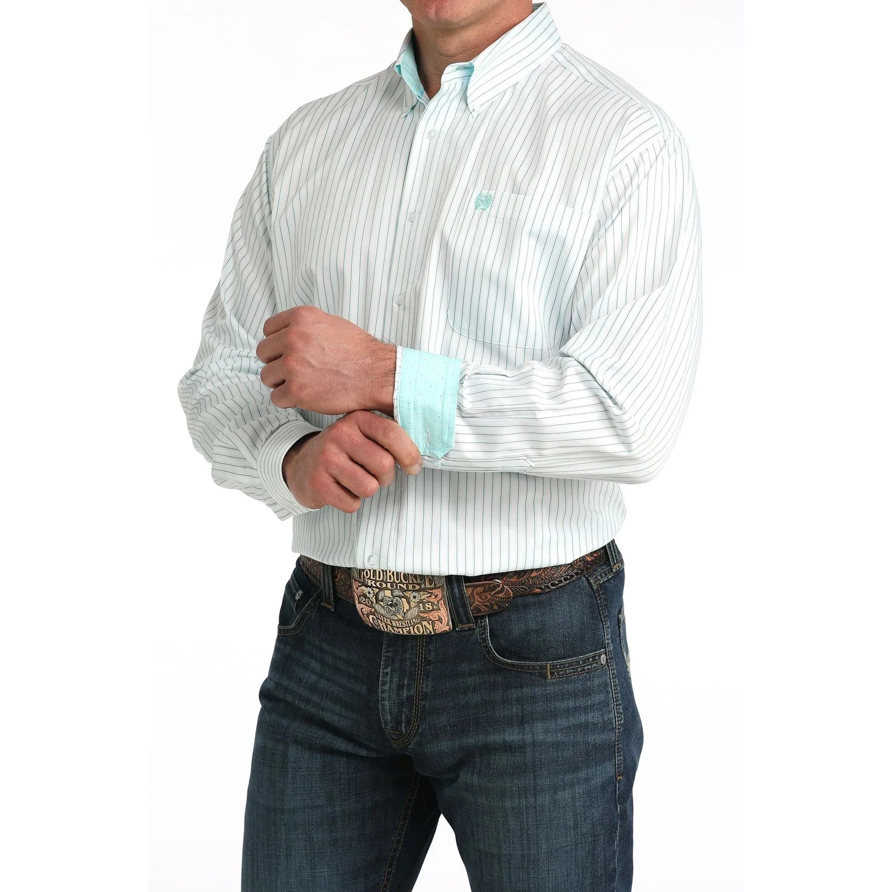 Men's Cinch White Striped Long Sleeve Button Down Shirt MTW1106061