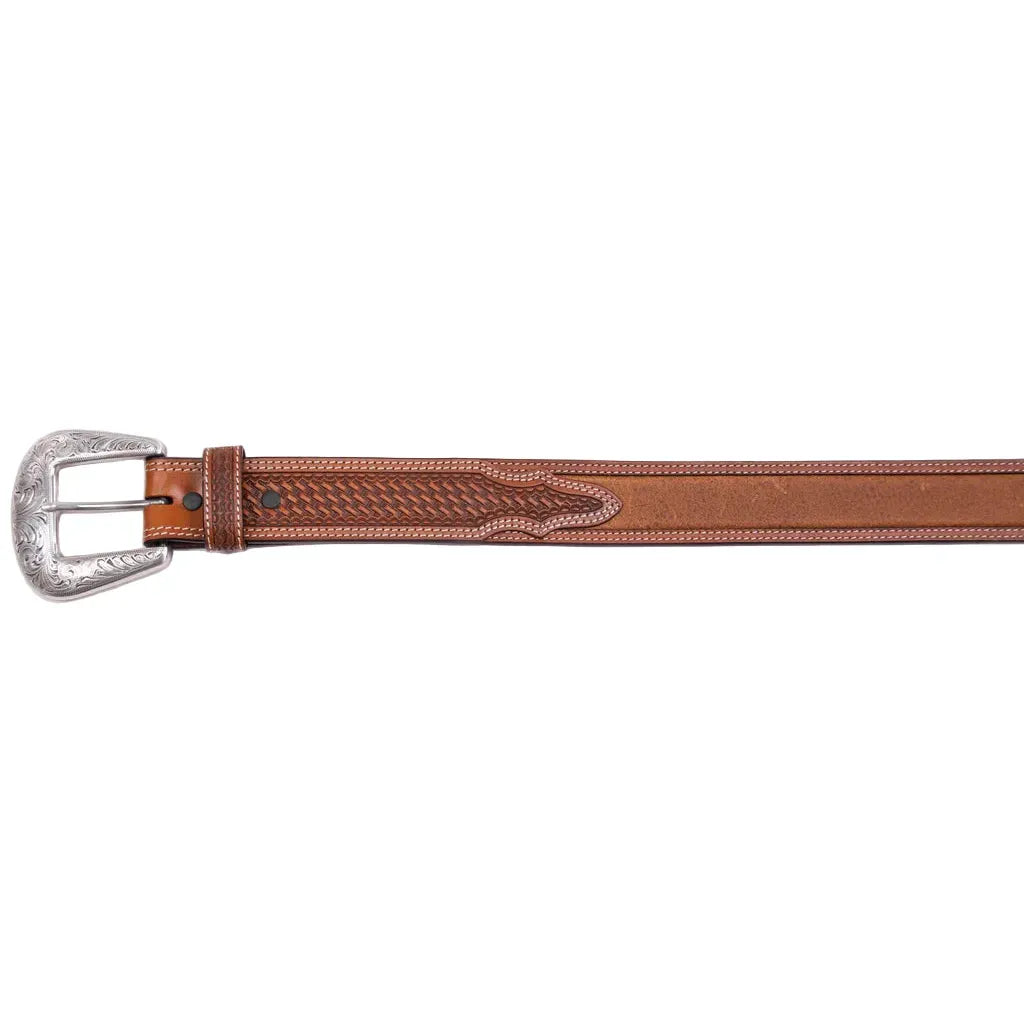 Men's Cowboy Chrome Brown Double Stitched Border Belt and Window Inlay 2778