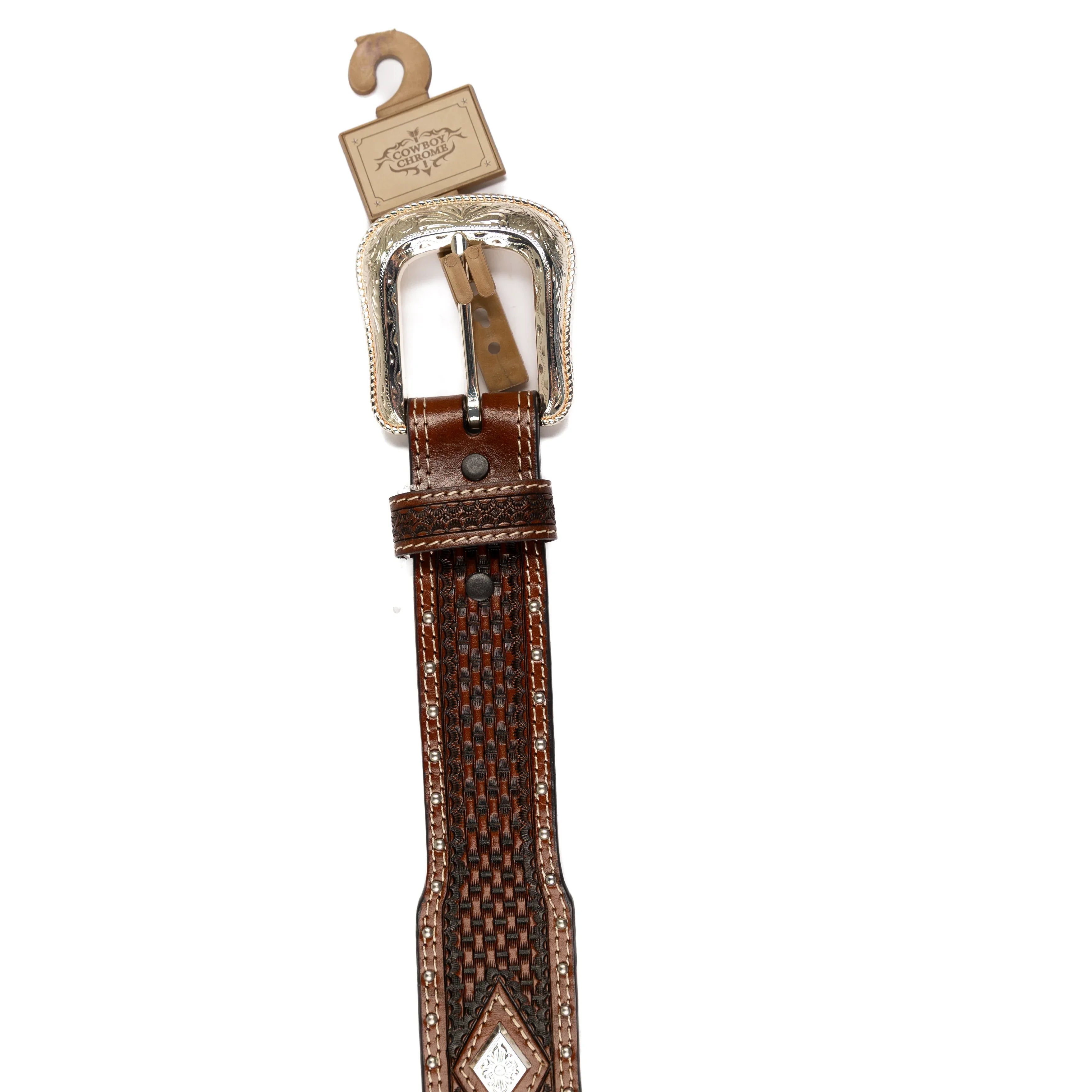 Men's Cowboy Chrome Brown Leather Belt with Silver Diamond Conchos 1615