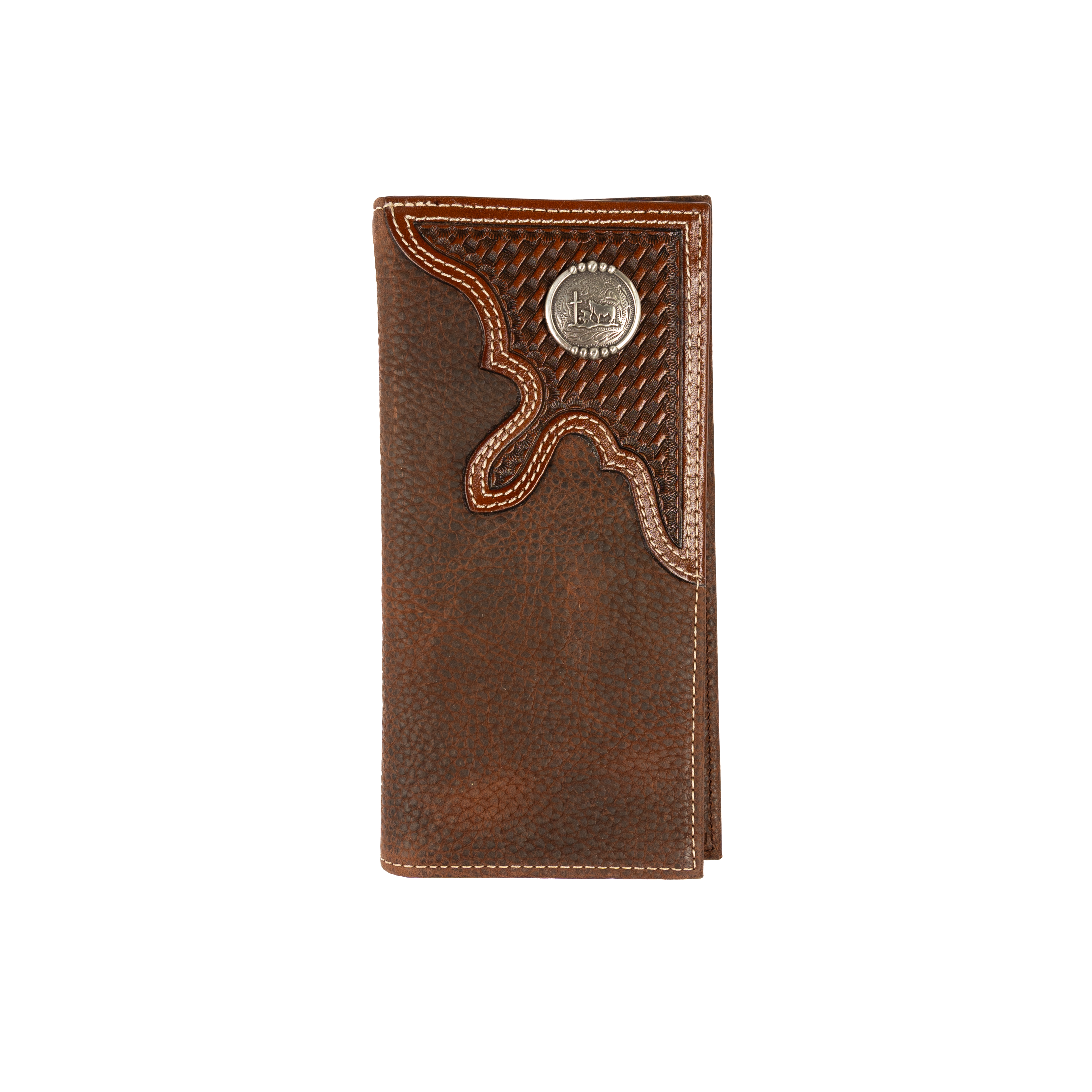 Men's Cowboy Chrome Brown Leather Rodeo Style Wallet with Silver Concho W525