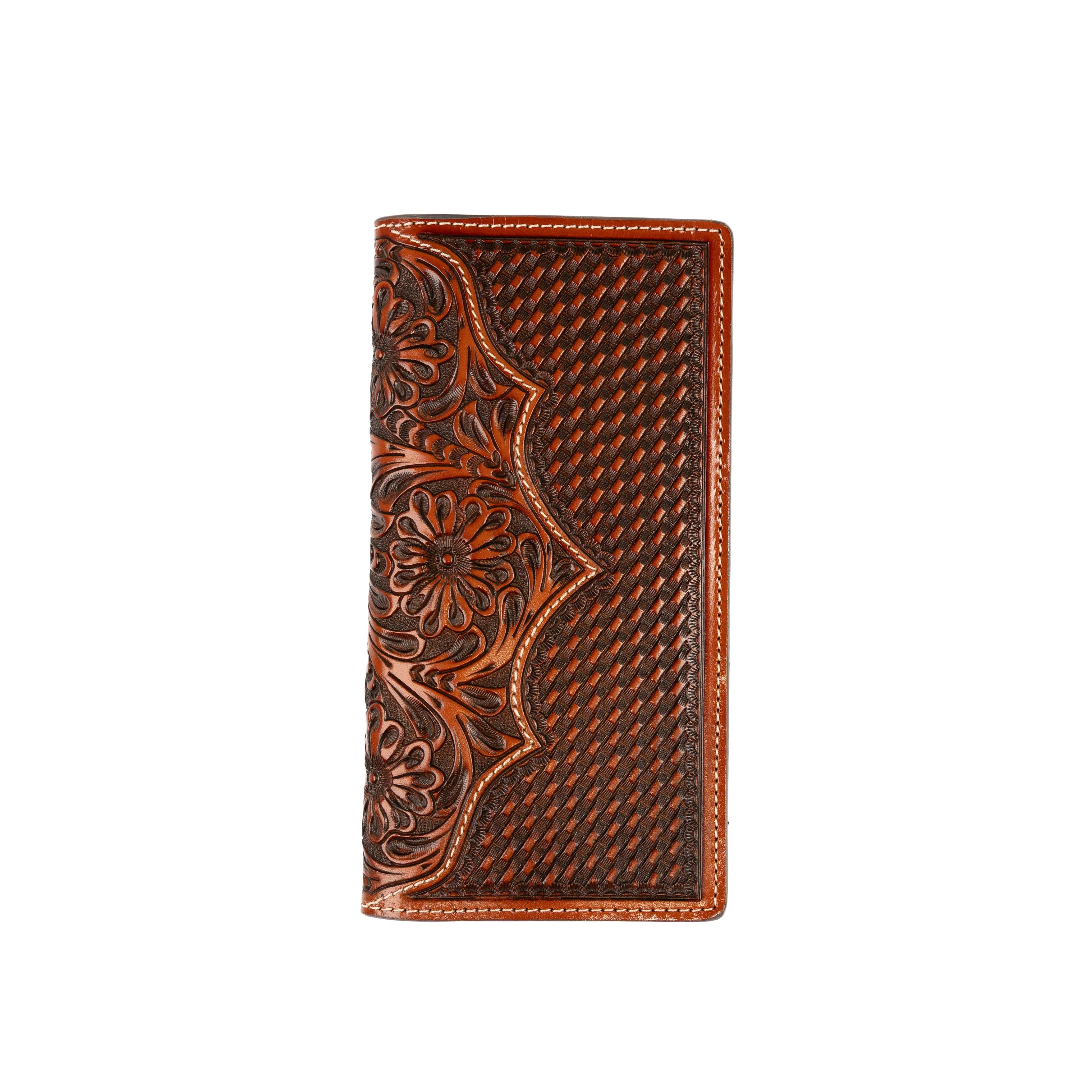 Men's Cowboy Chrome Brown Leather Tooled and Basket Weave Rodeo Style Wallet W576