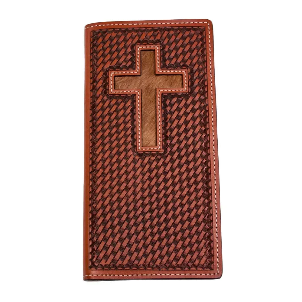 Men's Cowboy Chrome Cognac Basket Weave with Inlay Cross Rodeo Style W416