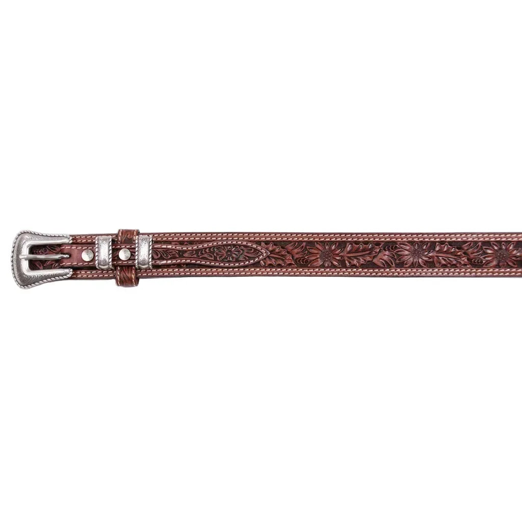 Men's Cowboy Chrome Cognac Ranger Belt with Floral Tooling and Double Stitch 1816