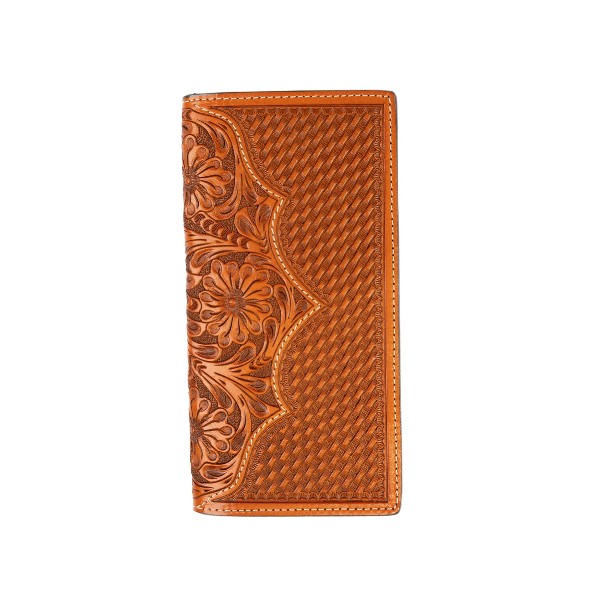 Men's Cowboy Chrome Saddle Tan Basket Weave and Tooled Rodeo Style Wallet W578