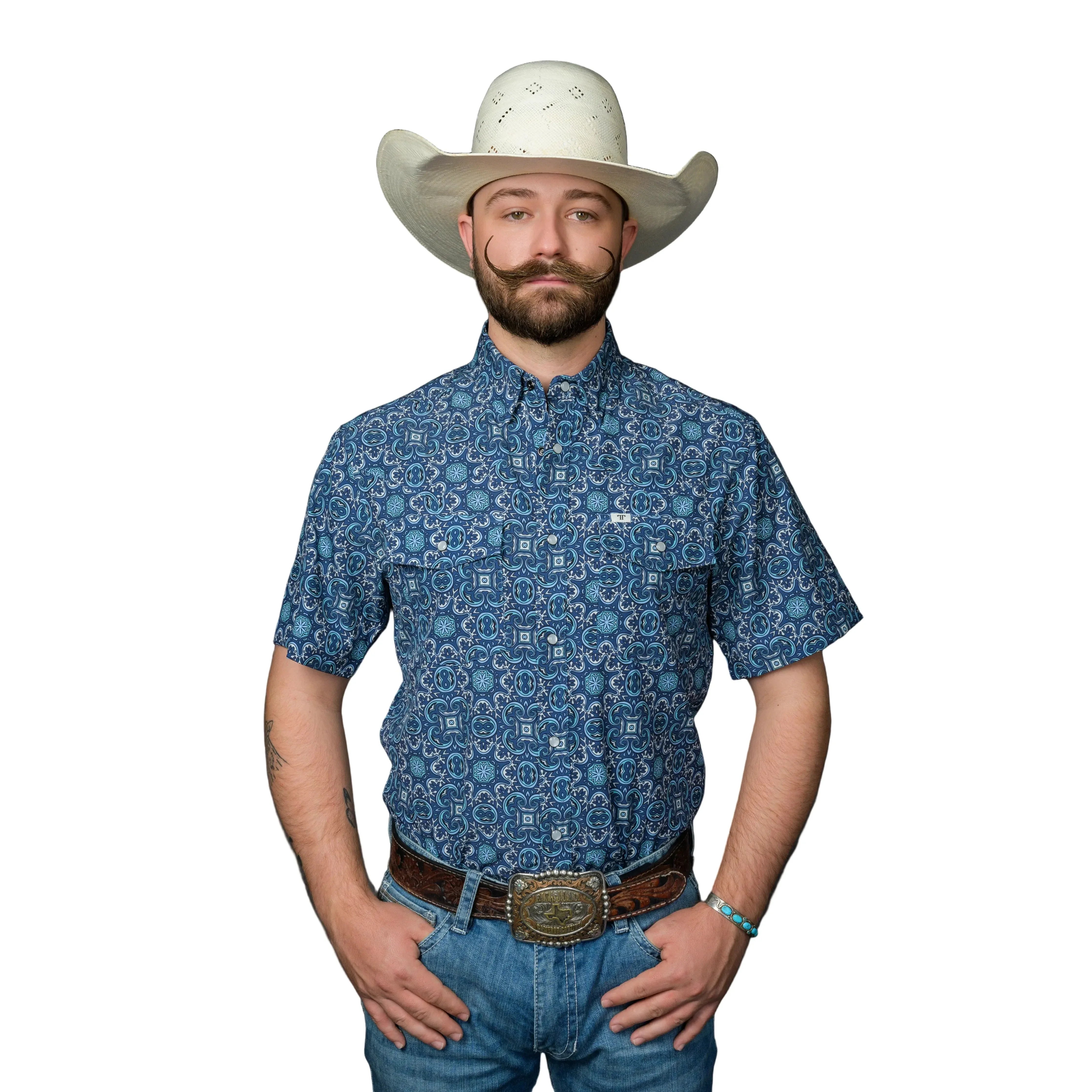 Men's Ferrell Blue "The Bennett" Short Sleeve Snap Shirt FPS1026013