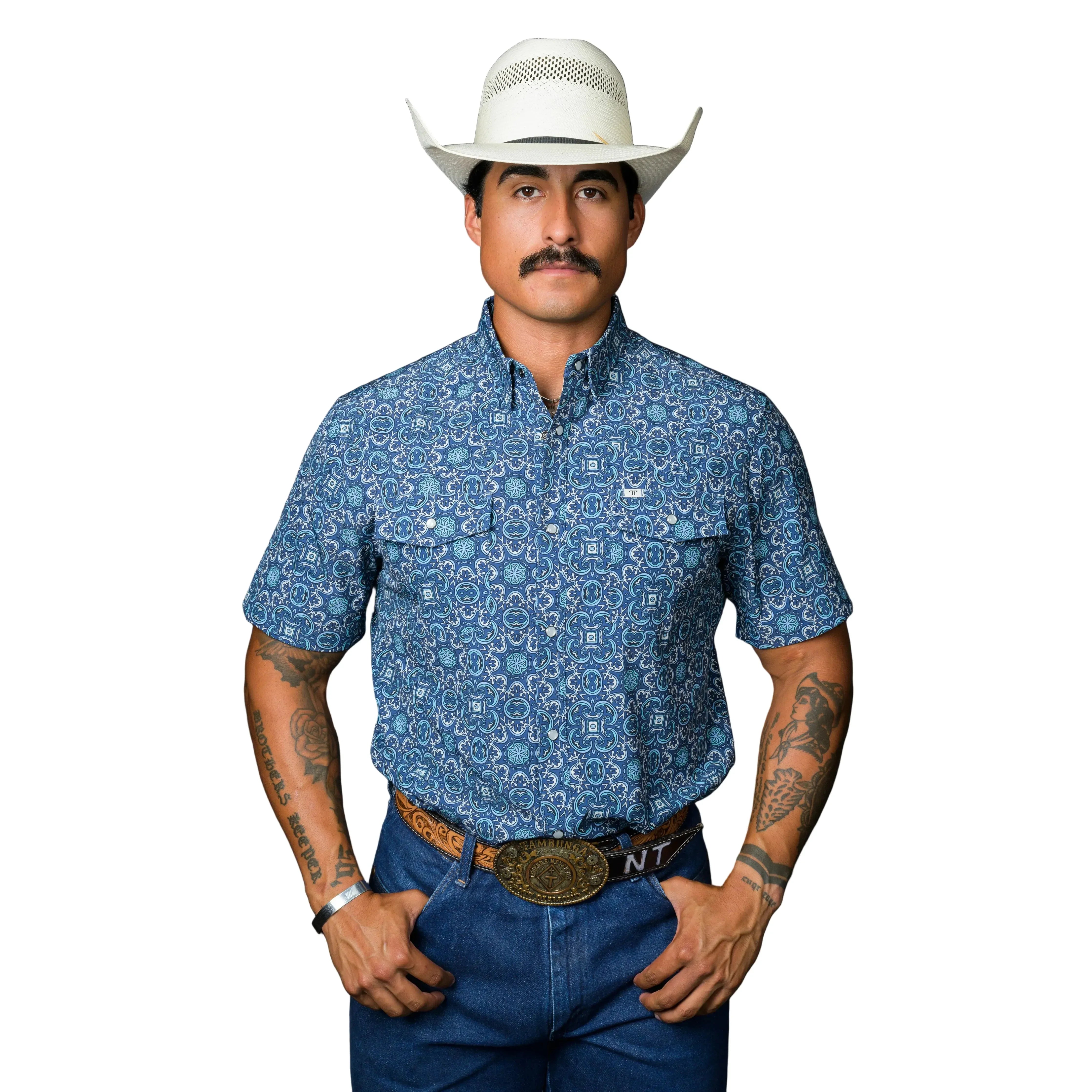Men's Ferrell Blue "The Bennett" Short Sleeve Snap Shirt FPS1026013