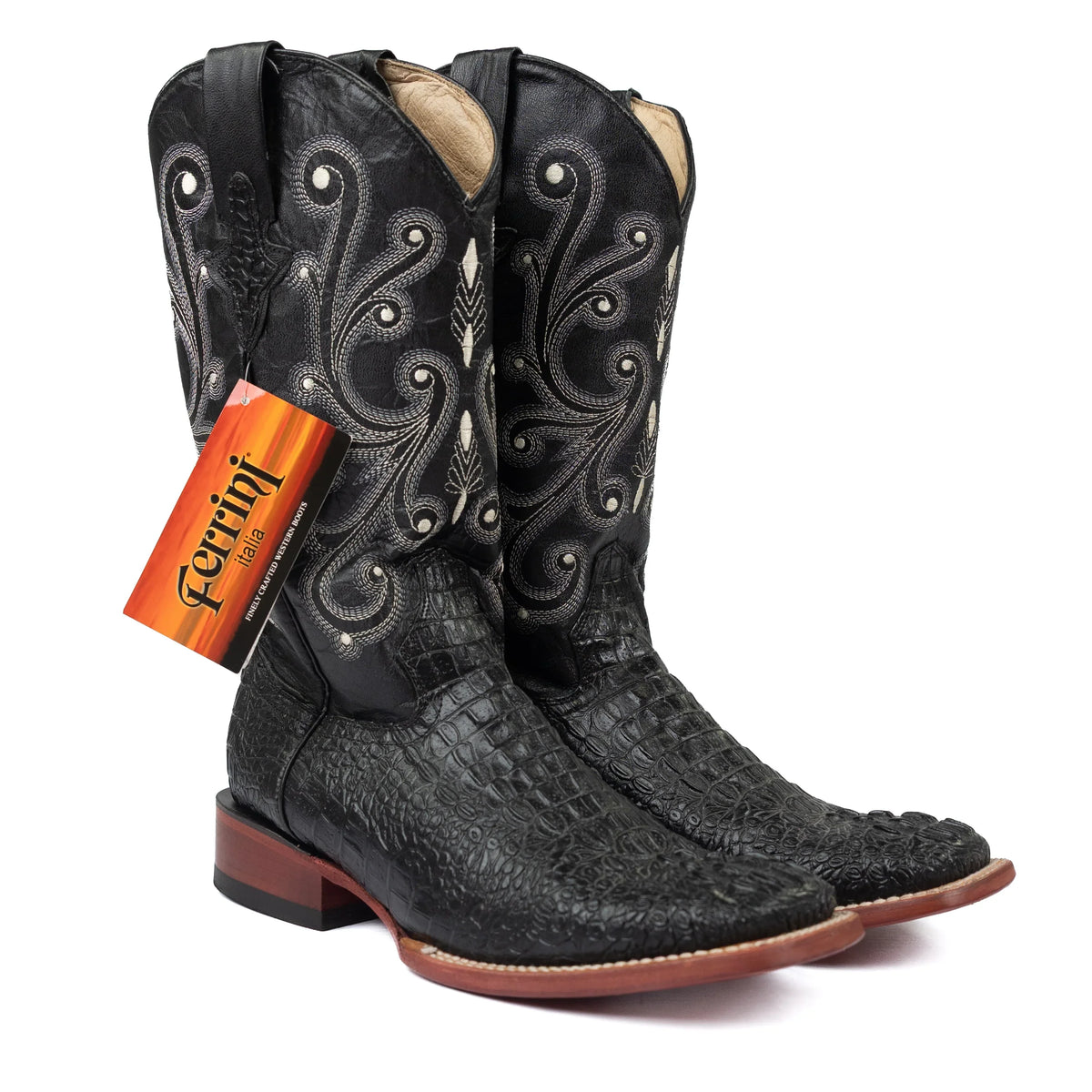 Men's Ferrini Black Caiman Print Square Toe Boots 4039304