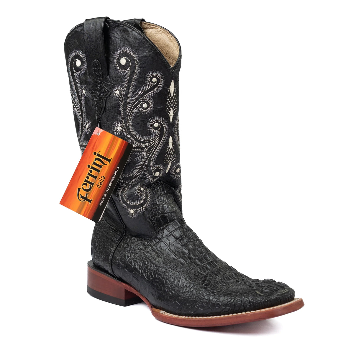 Men's Ferrini Black Caiman Print Square Toe Boots 4039304
