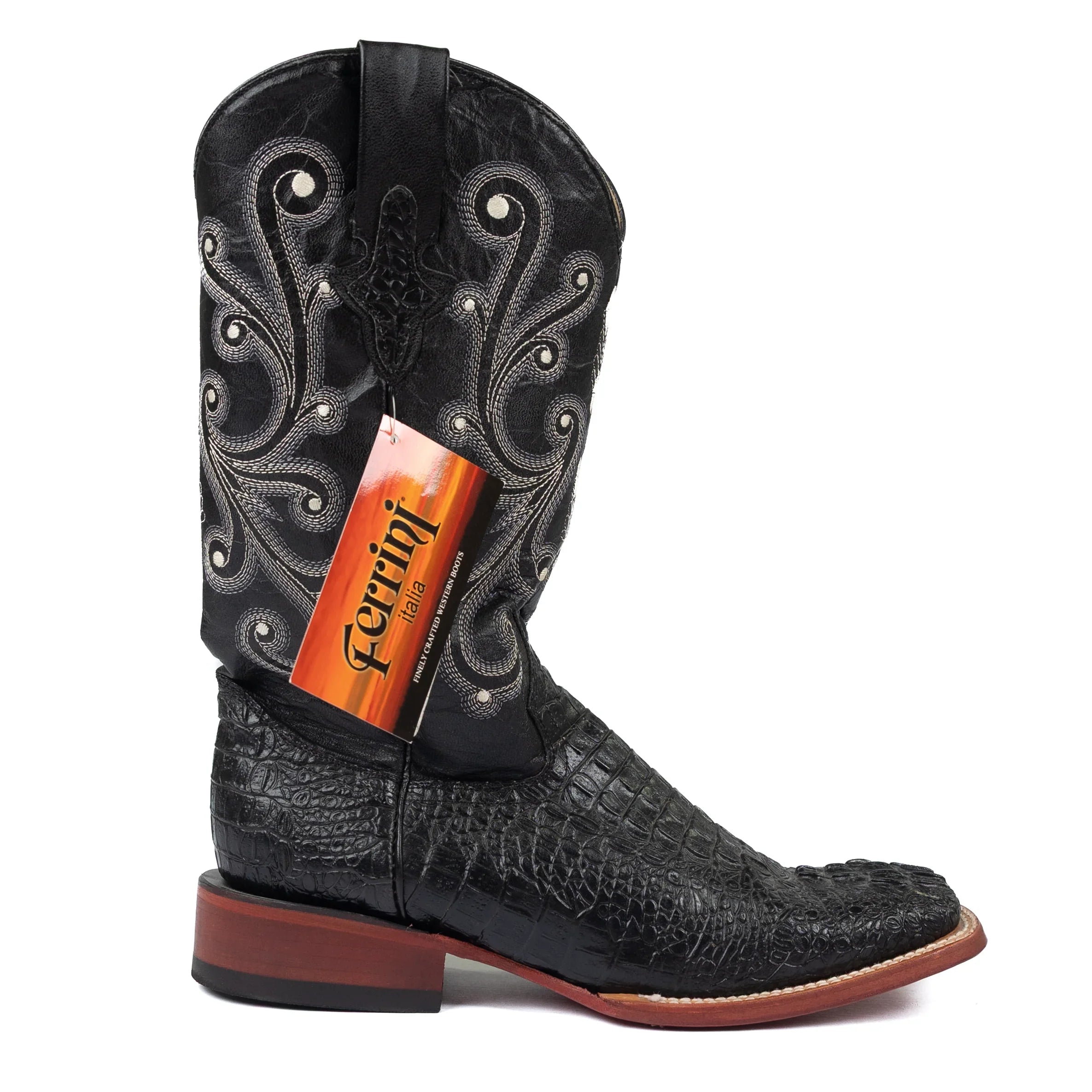 Men's Ferrini Black Caiman Print Square Toe Boots 4039304
