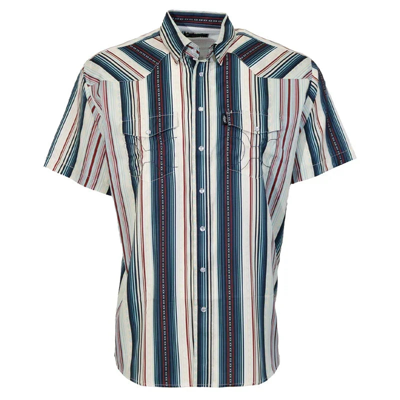 Men's Hooey Gray with Red and White Stripes "Sol" Short Sleeve Pearl Snap HT2621NVST