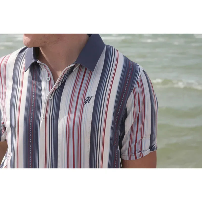 Men's Hooey "The Weekender" Gray Polo with Red and Blue Stripes HP2601NVST