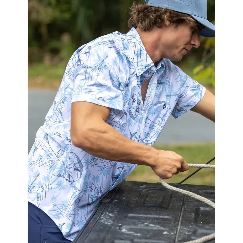 Men's Huk Blue Shadow Palm Slam KC Kona Button-Down H1500192-418