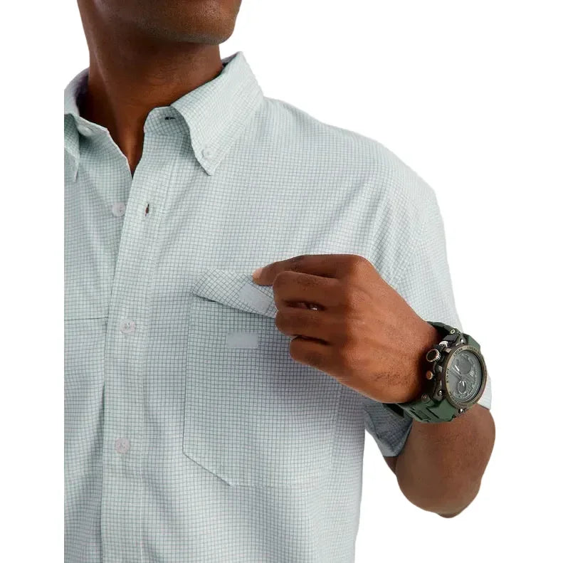 Men's Huk Heron Blue Mini Check Tide Point Short Sleeve Button-Down H1500220-395