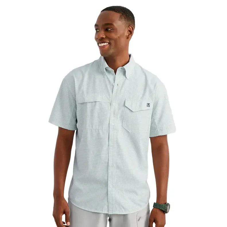 Men's Huk Heron Blue Mini Check Tide Point Short Sleeve Button-Down H1500220-395