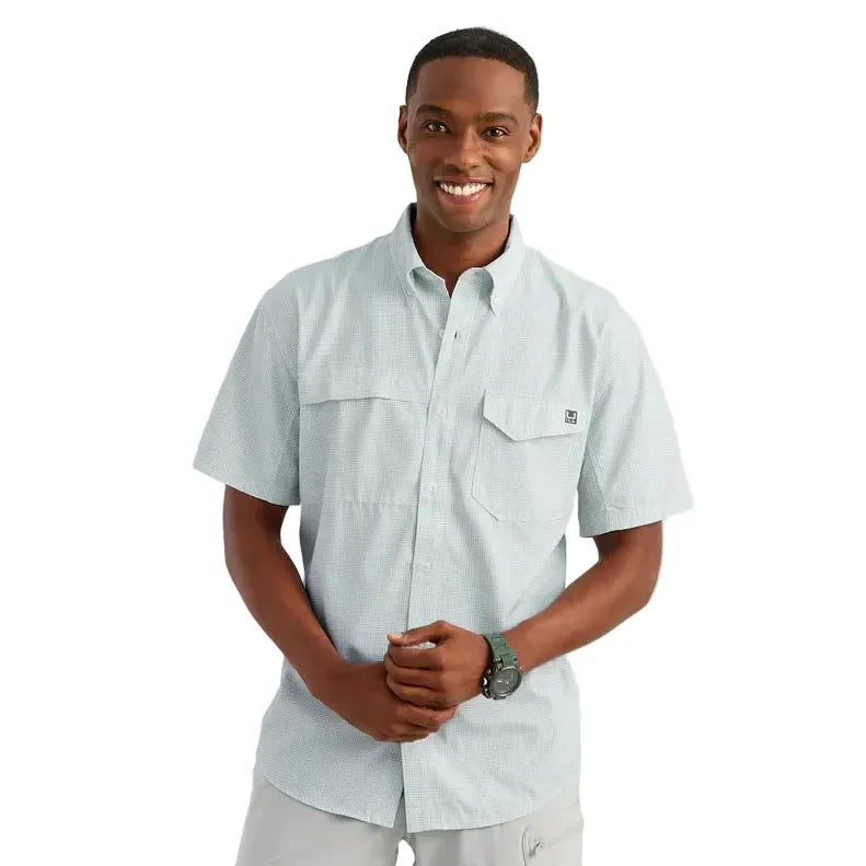 Men's Huk Heron Blue Mini Check Tide Point Short Sleeve Button-Down H1500220-395