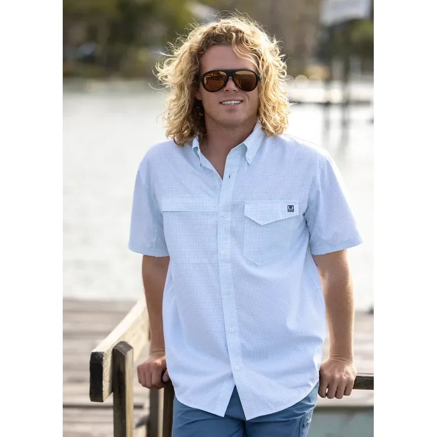 Men's Huk Heron Blue Mini Check Tide Point Short Sleeve Button-Down H1500220-395