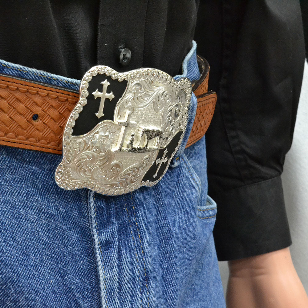 Men's Montana Silversmiths Christian Flourish Scallop Shape Belt Buckle With Christian Cowboy 3611-731M