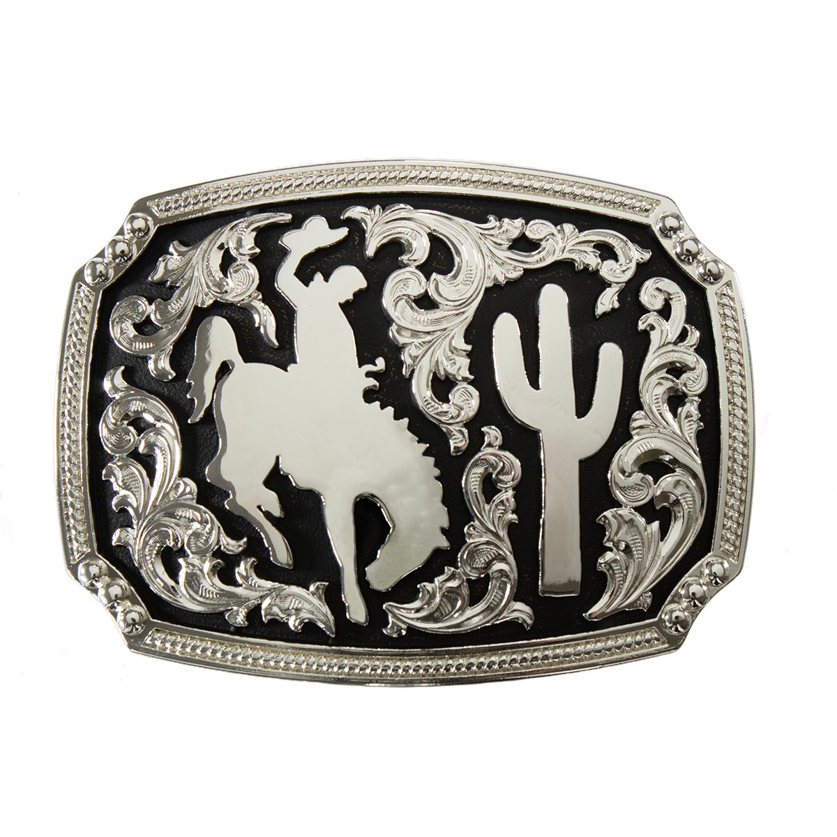 Men's Nocona Rectangle Silver and Black Bronc Rider and Cactus Buckle 37943