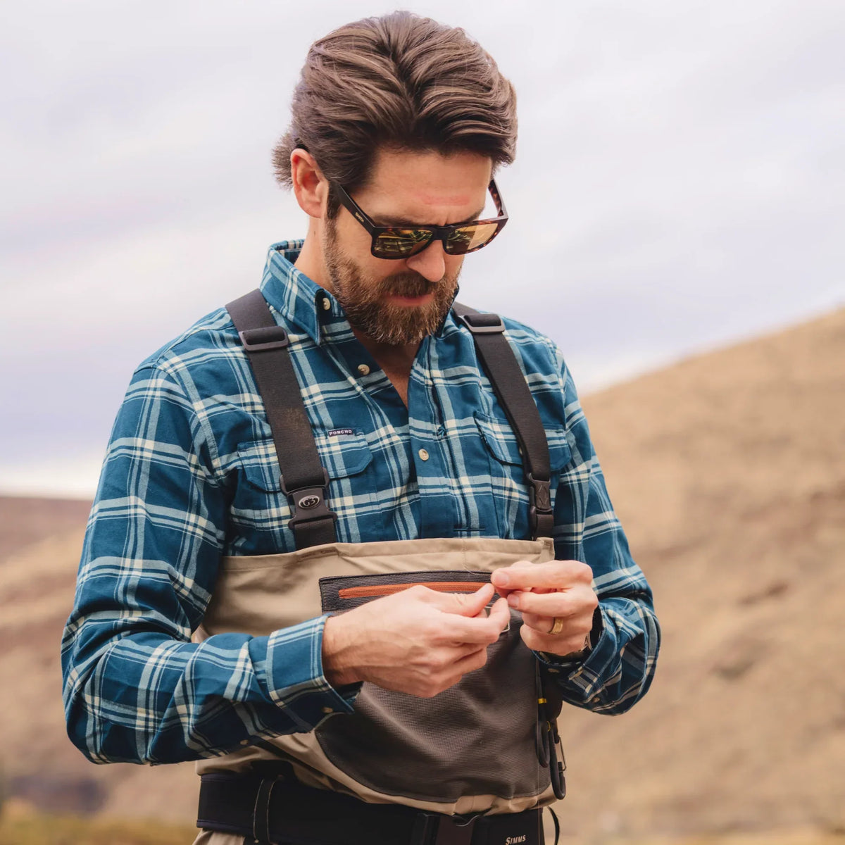 Men's Poncho Blue and White Plaid The Deschutes Button Up Shirt