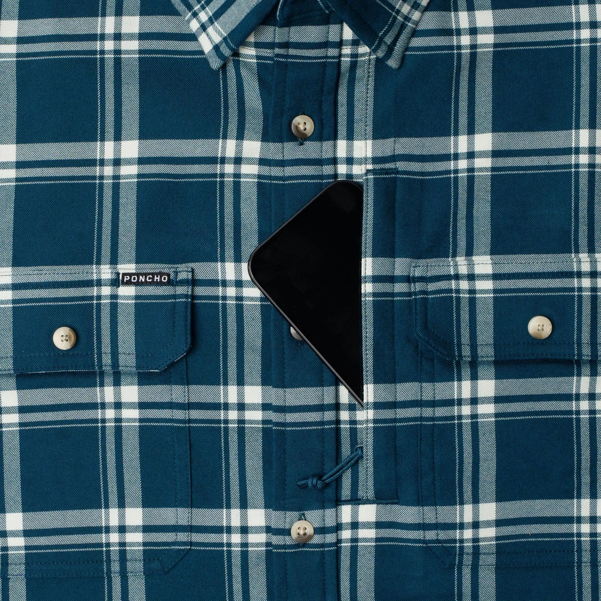 Men's Poncho Blue and White Plaid The Deschutes Button Up Shirt
