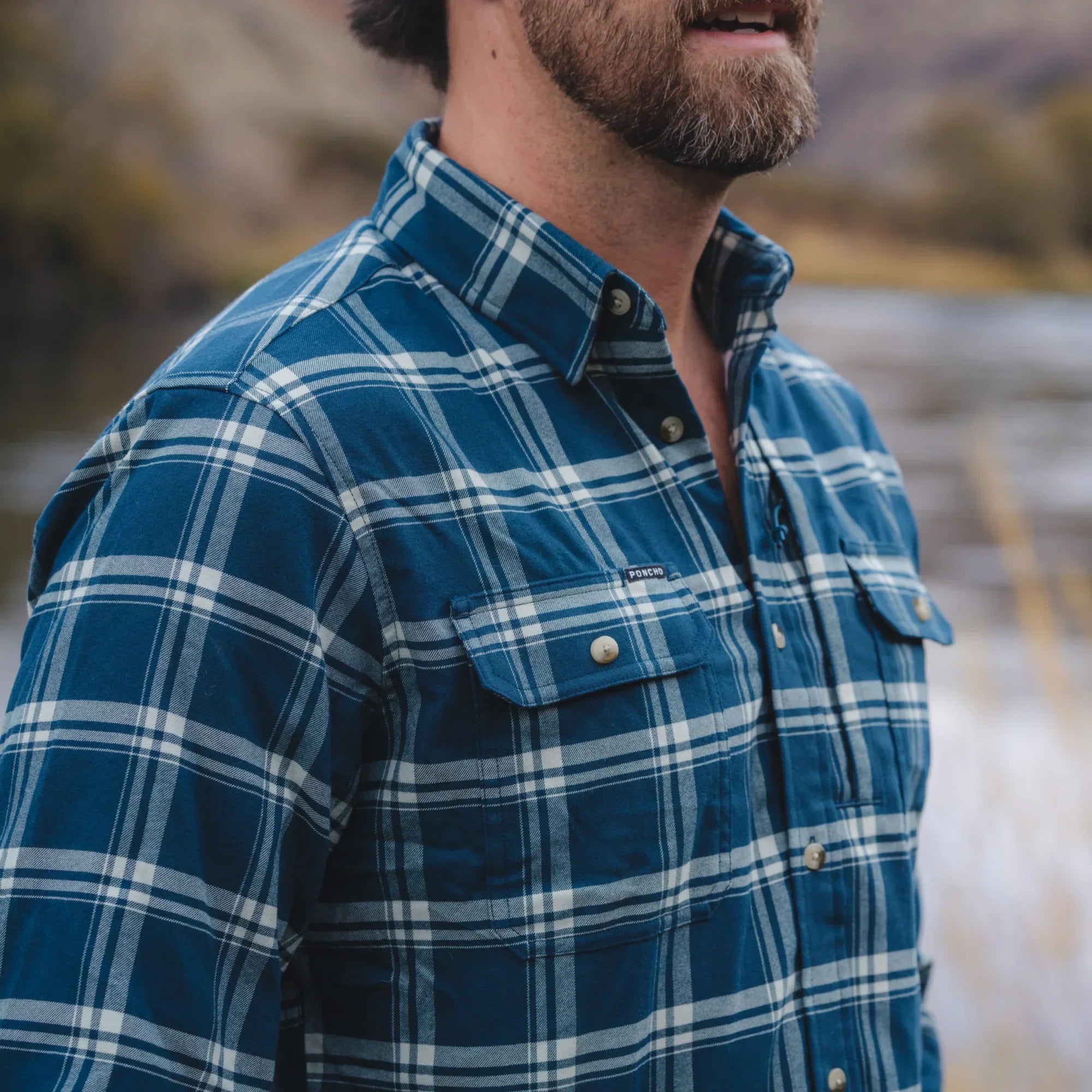 Men's Poncho Blue and White Plaid The Deschutes Button Up Shirt