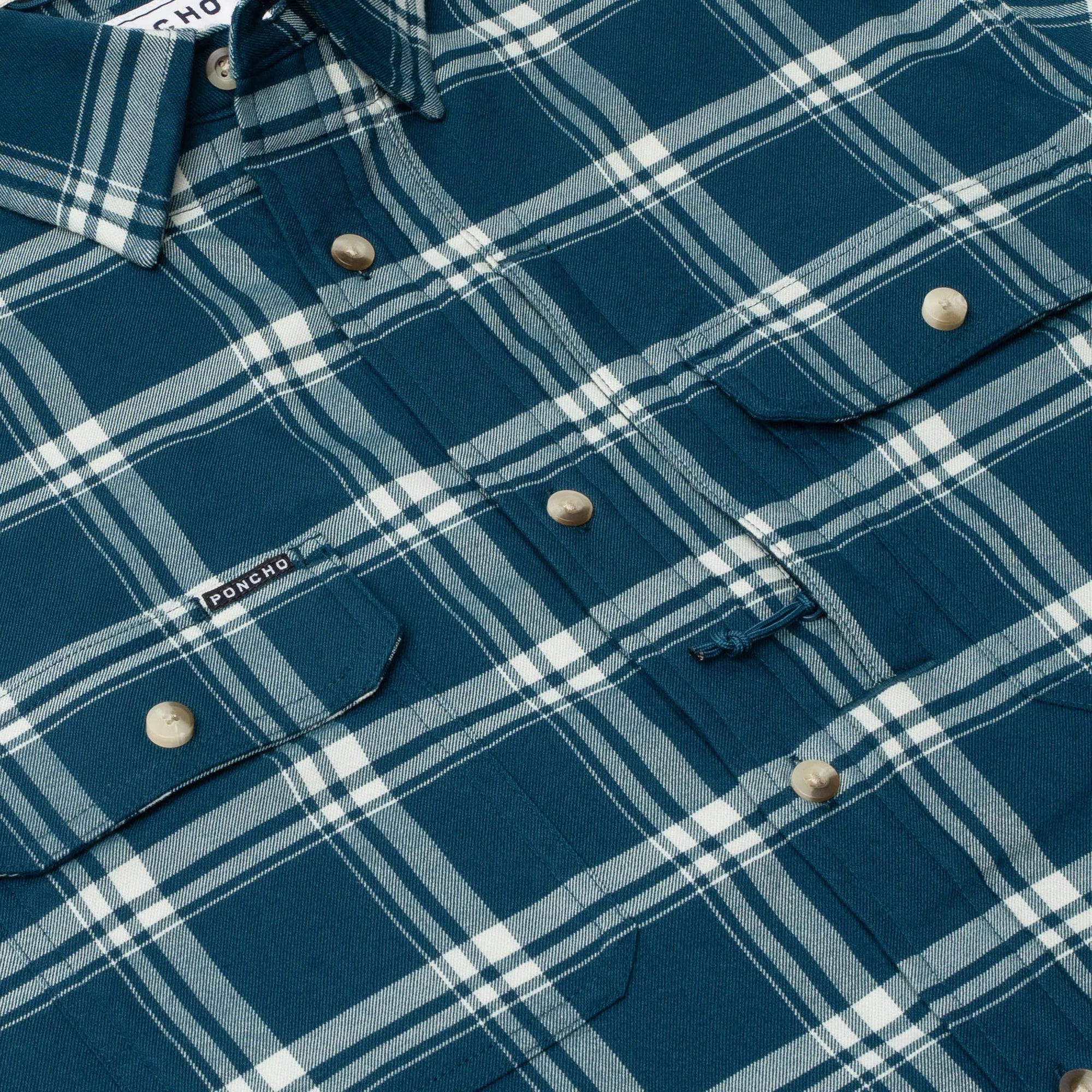Men's Poncho Blue and White Plaid The Deschutes Button Up Shirt
