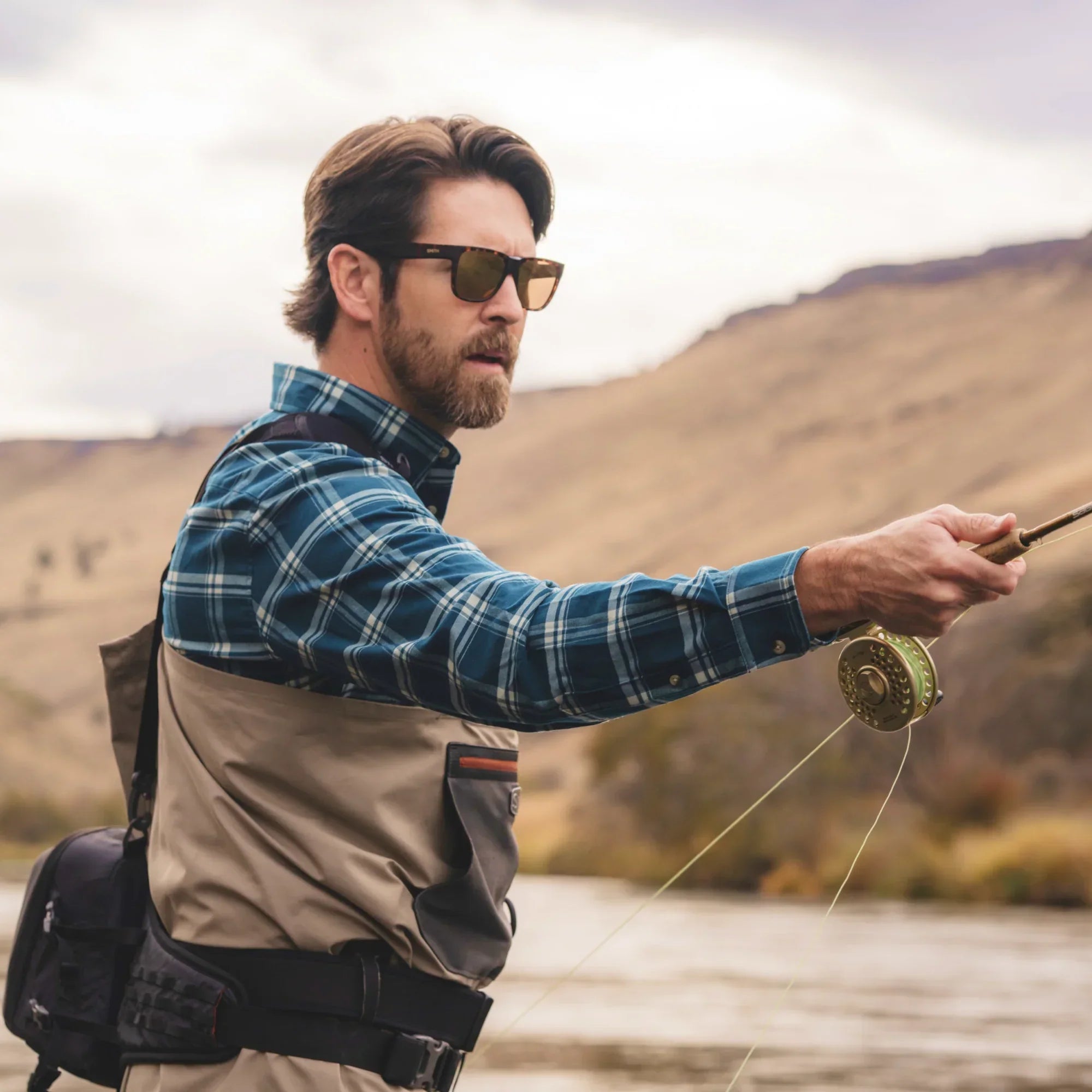 Men's Poncho Blue and White Plaid The Deschutes Button Up Shirt