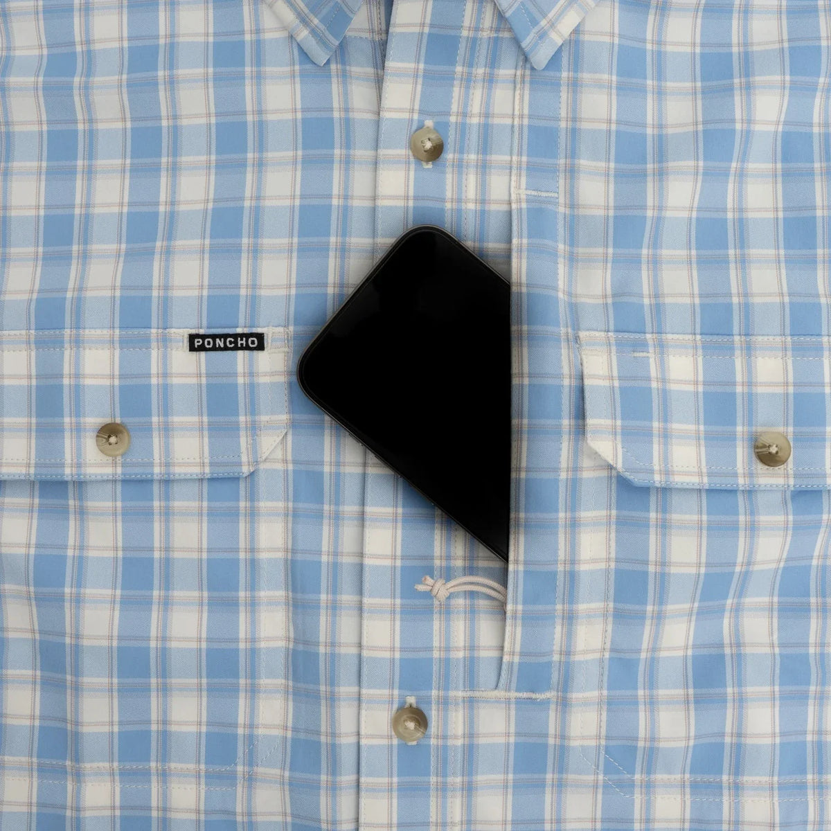 Men's Poncho Blue and White Plaid The Snake River Long Sleeve Button Up Shirt