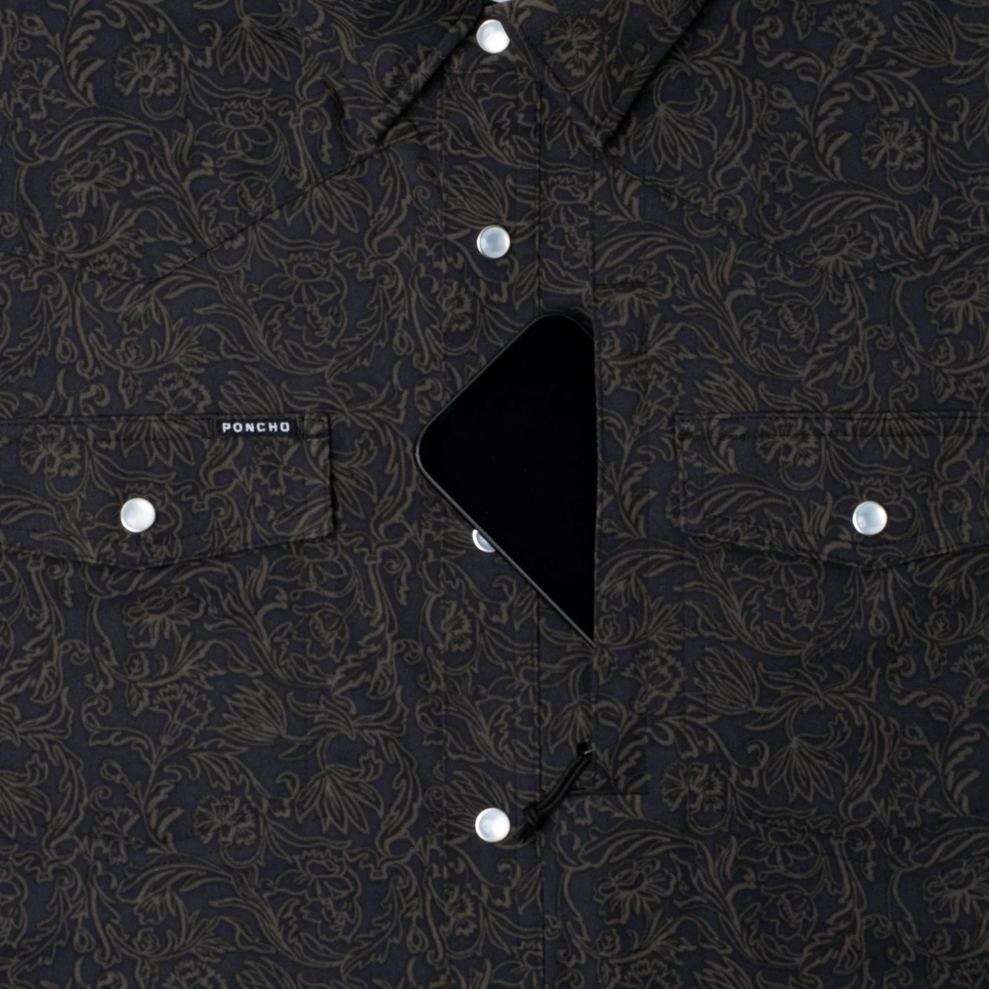 Men's Poncho "The John Coffee" Black Floral Print Short Sleeve Snap Shirt