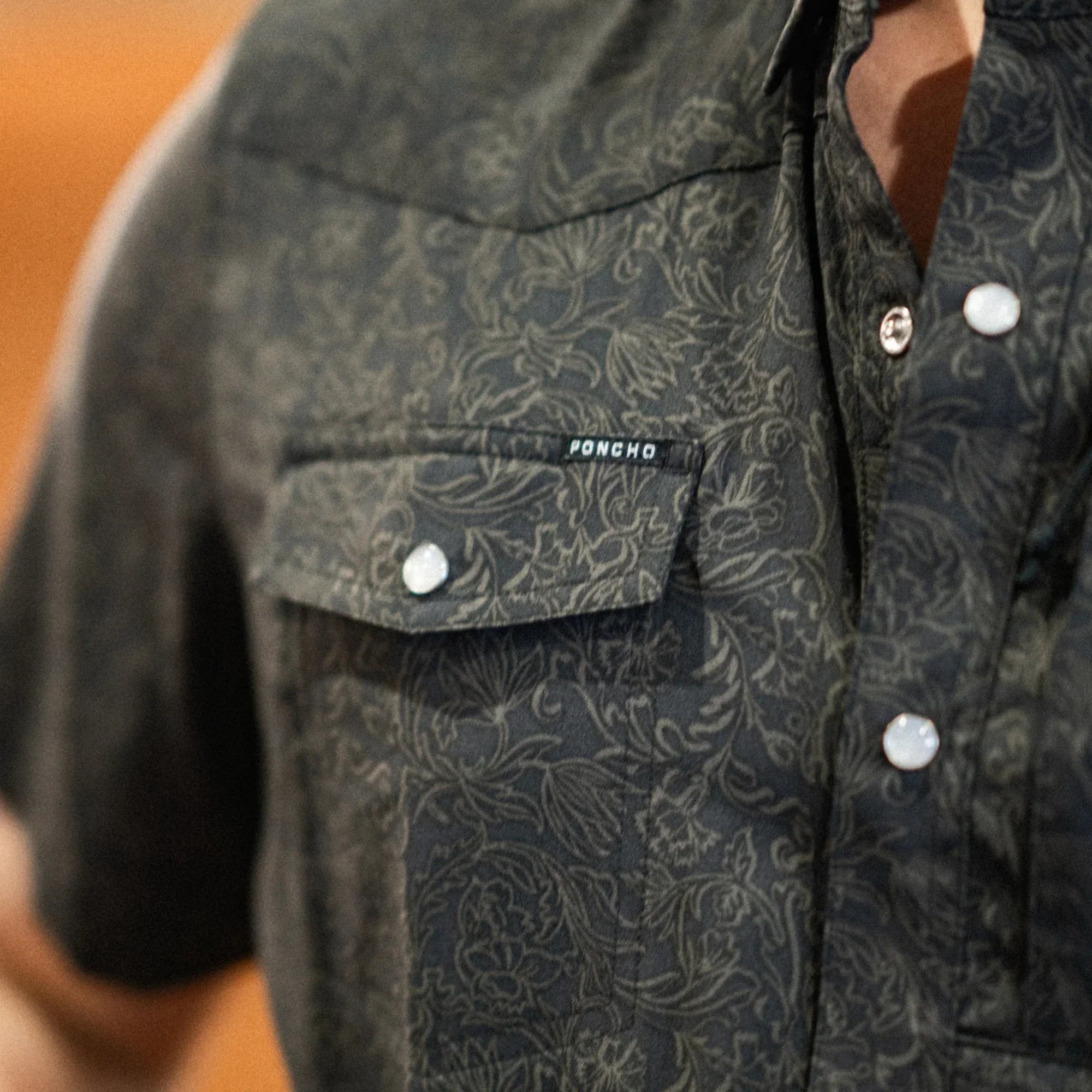 Men's Poncho "The John Coffee" Black Floral Print Short Sleeve Snap Shirt