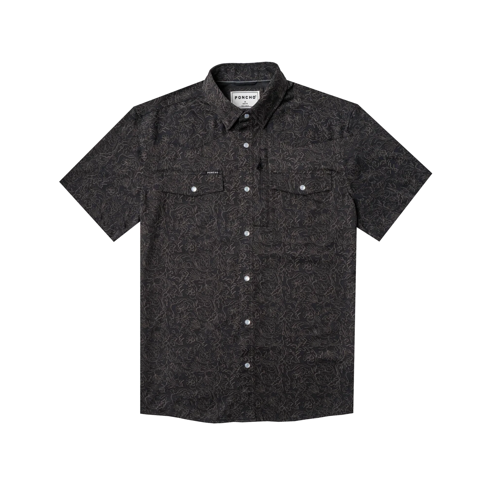 Men's Poncho "The John Coffee" Black Floral Print Short Sleeve Snap Shirt