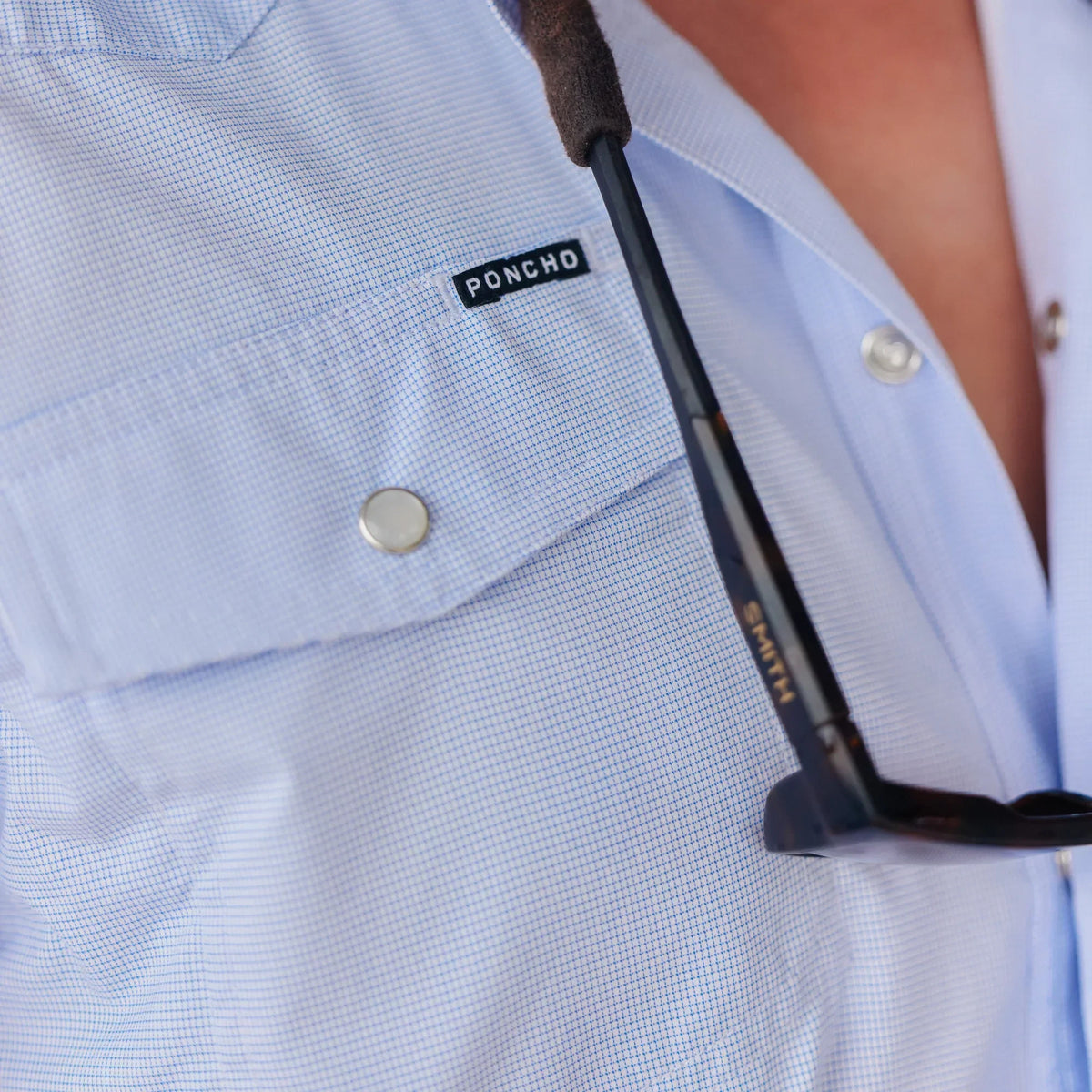 Men's Poncho "The Padre" Blue Short Sleeve Regular Fit Pearl Snap Shirt