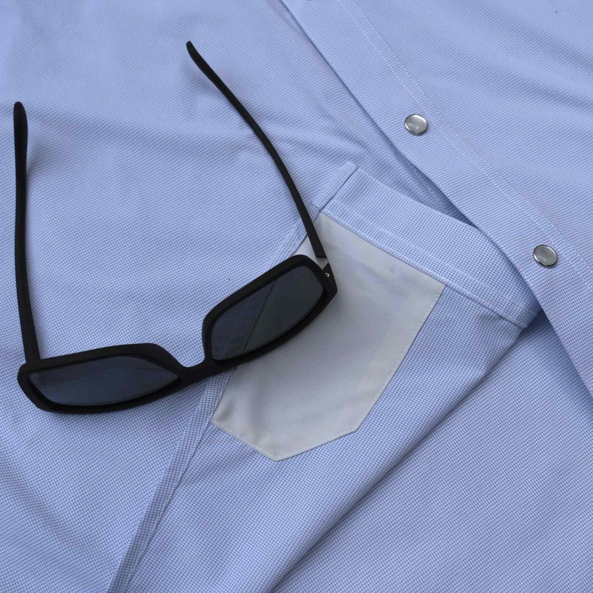 Men's Poncho "The Padre" Blue Short Sleeve Regular Fit Pearl Snap Shirt