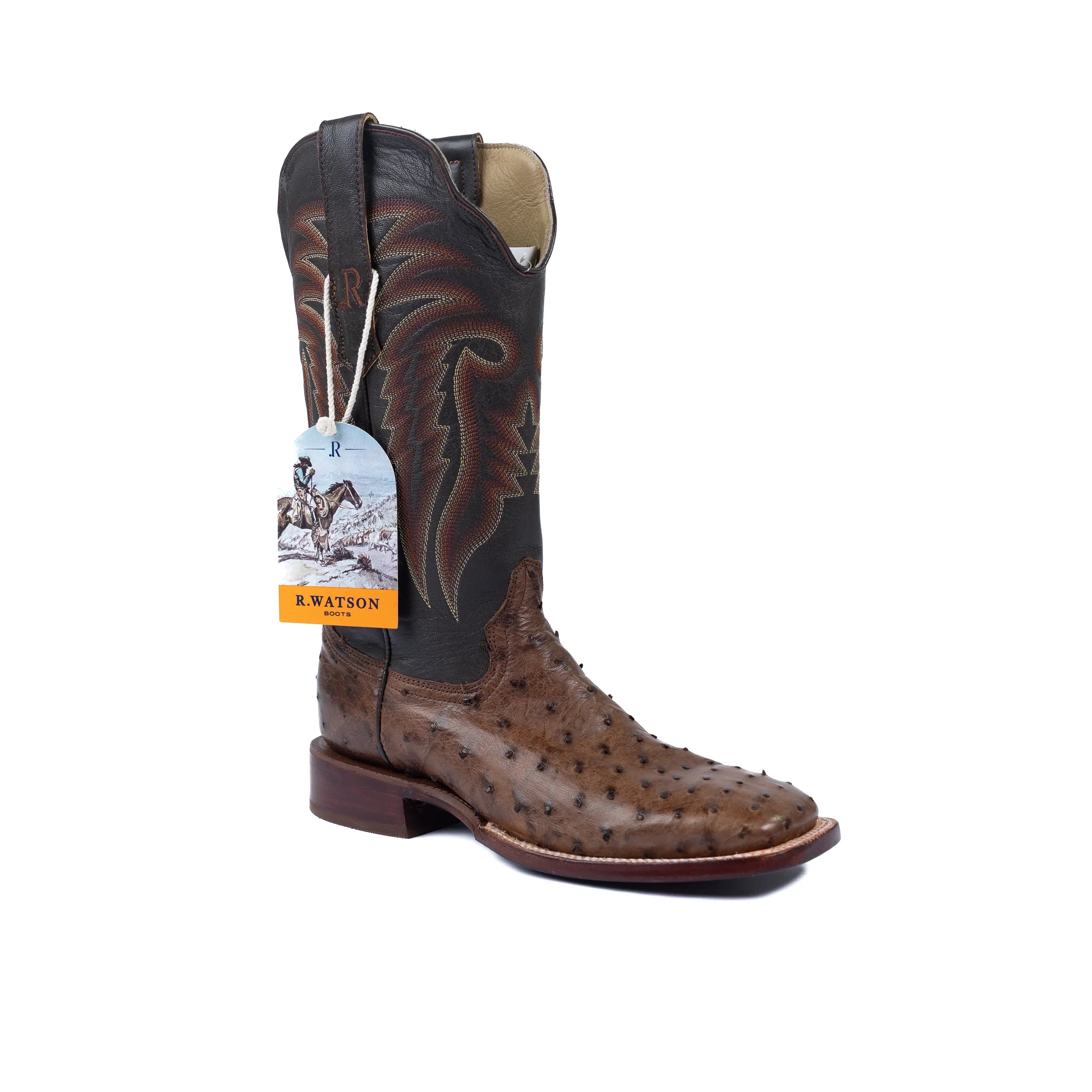 Men's R. Watson Full Quill Ostrich Wide Square with 13″ Chocolate Cowhide Top RW4501-2