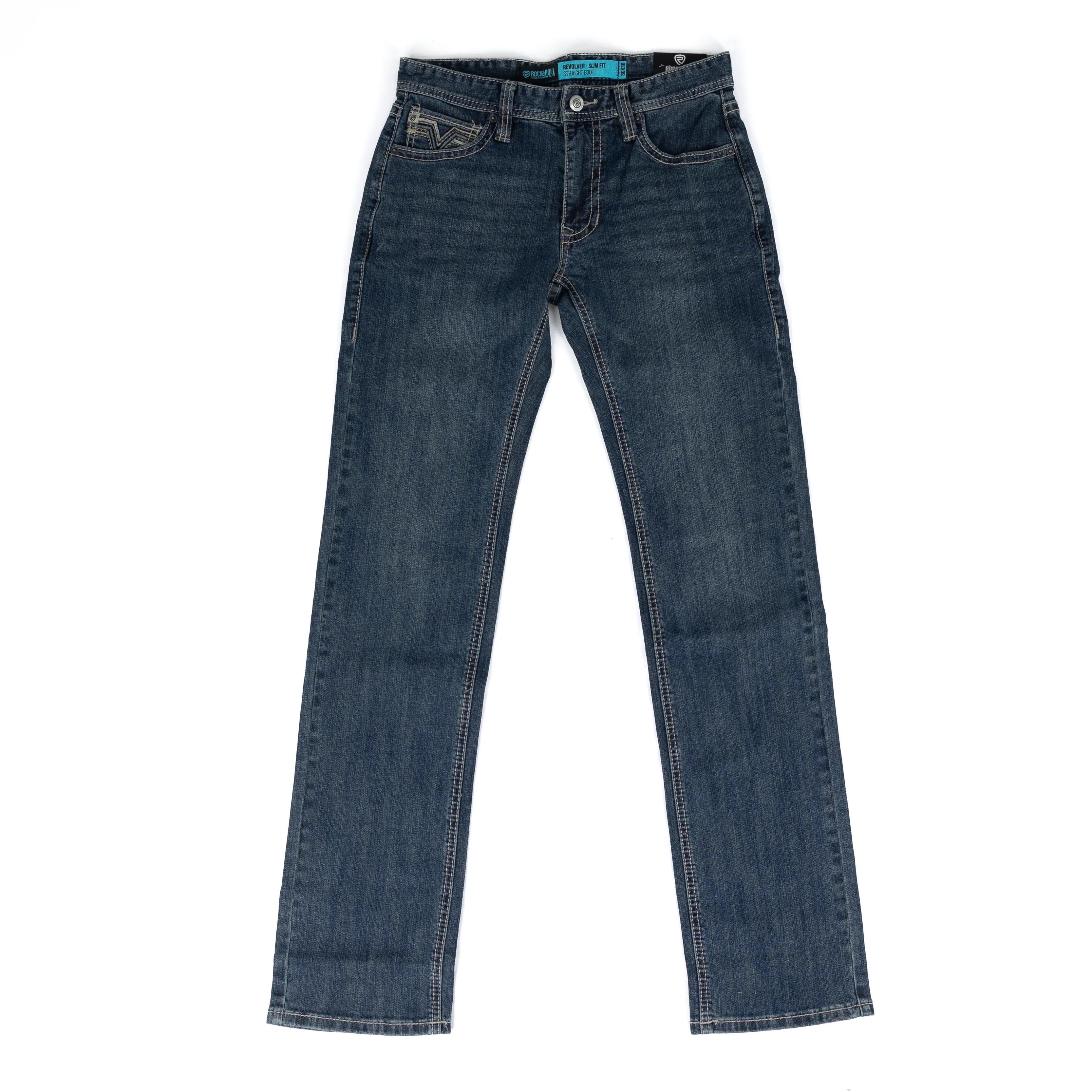 Men's Rock and Roll Dark Wash Pleather Embroidered Revolver Straight Bootcut Jeans BM1RD09126