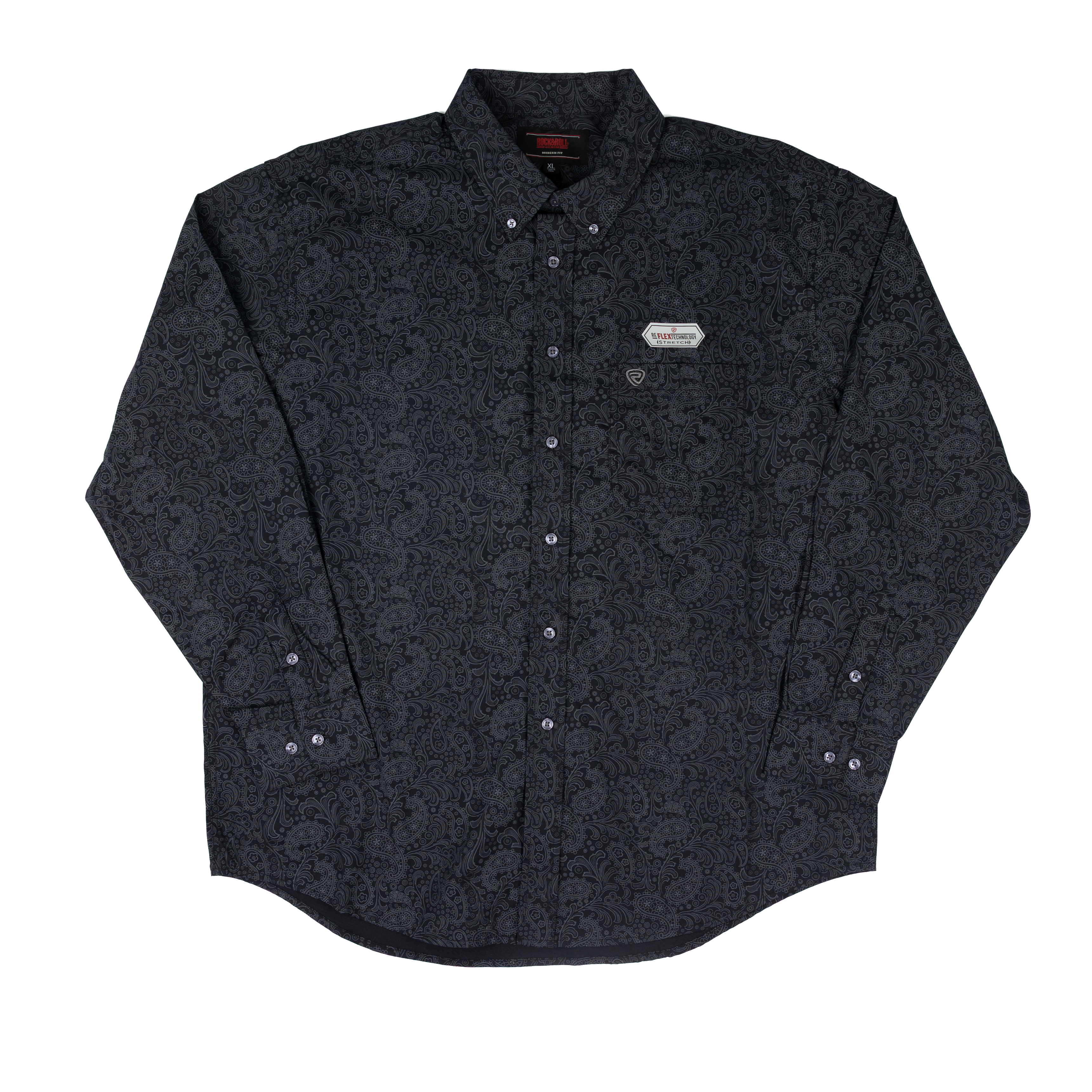 Men's Rock and Roll Denim Black Paisley Print Long Sleeve Button Up BMB2S07630