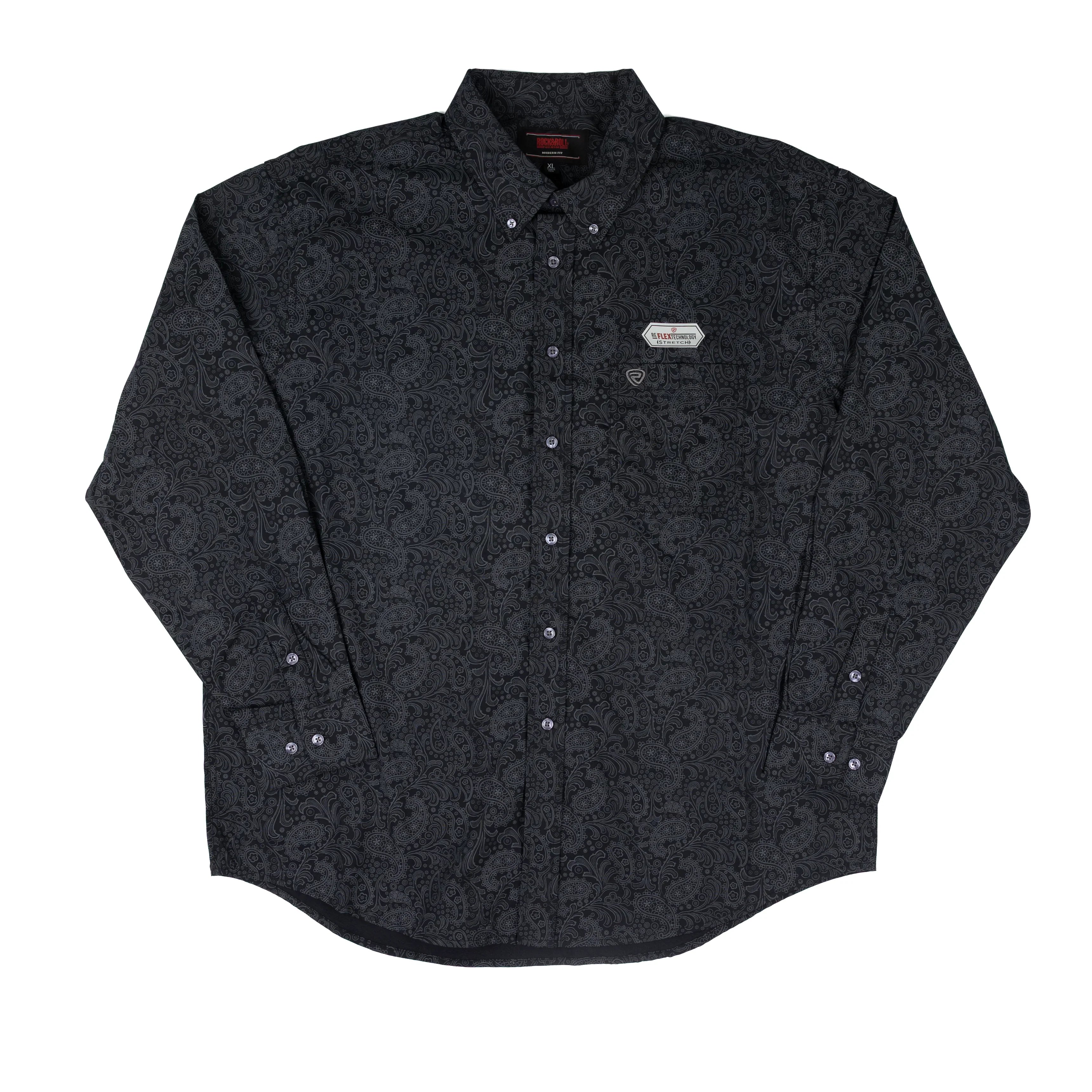 Men's Rock and Roll Denim Black Paisley Print Long Sleeve Button Up BMB2S07630