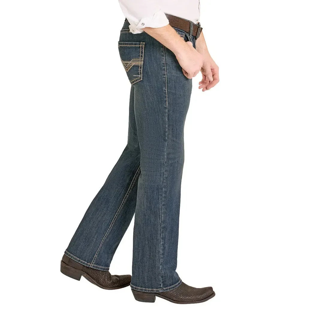 Men's Rock and Roll Denim Ladder Stitch Embroidered Pistol Straight Leg Jeans BM1PD08017